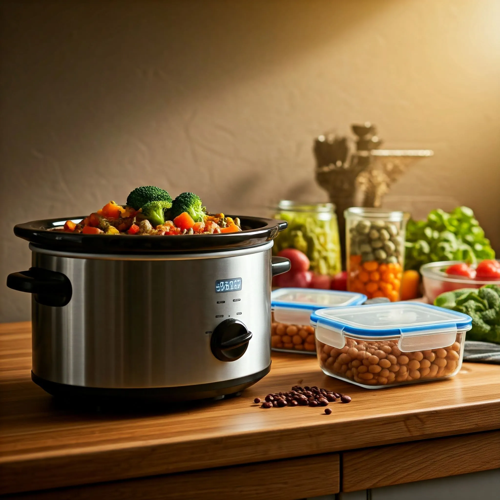 Slow cooker filled with a vibrant vegetarian stew surrounded by fresh vegetables, beans, lentils, and labeled storage containers in a cozy kitchen setting