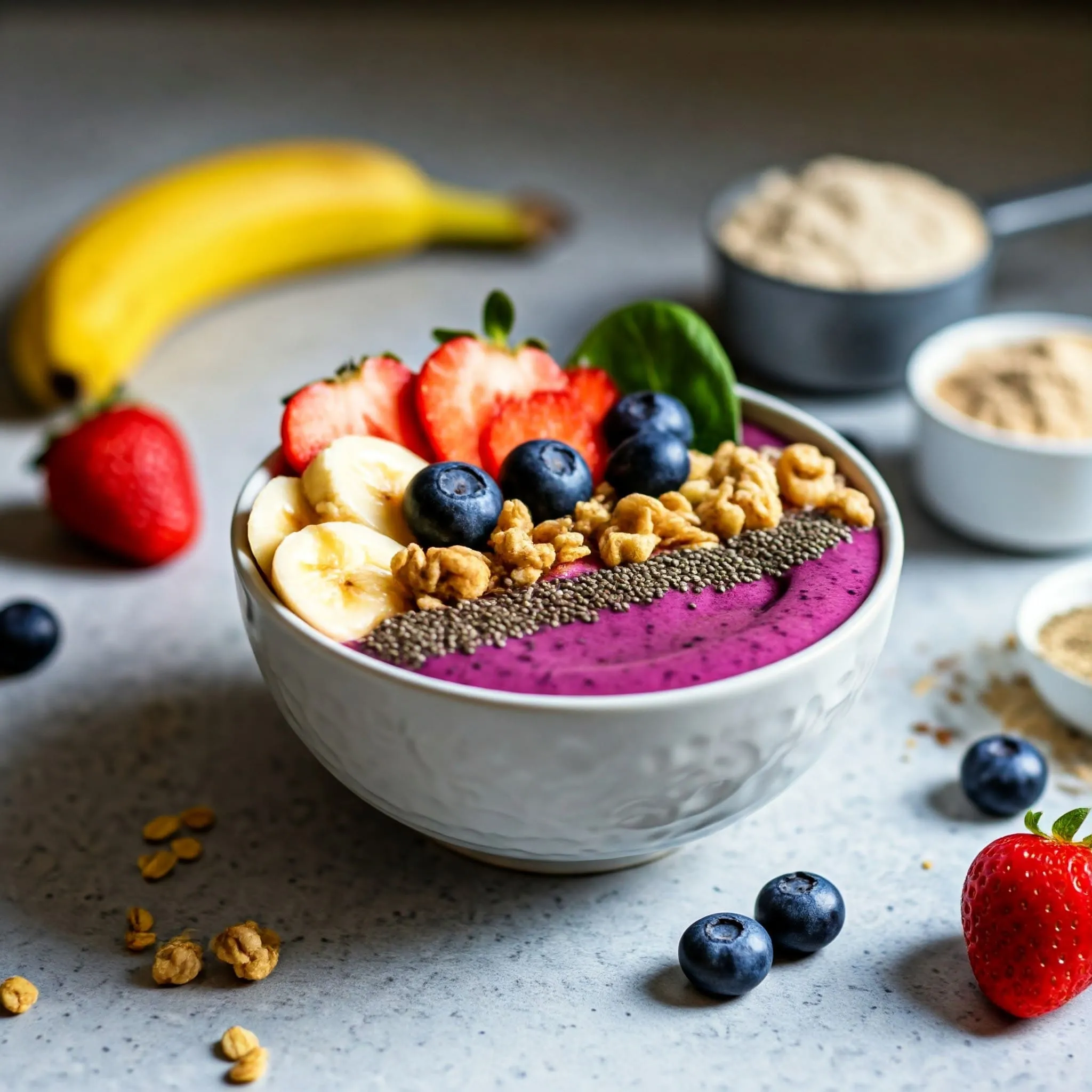 Colorful smoothie bowl topped with fresh fruits, granola, chia seeds, and honey.