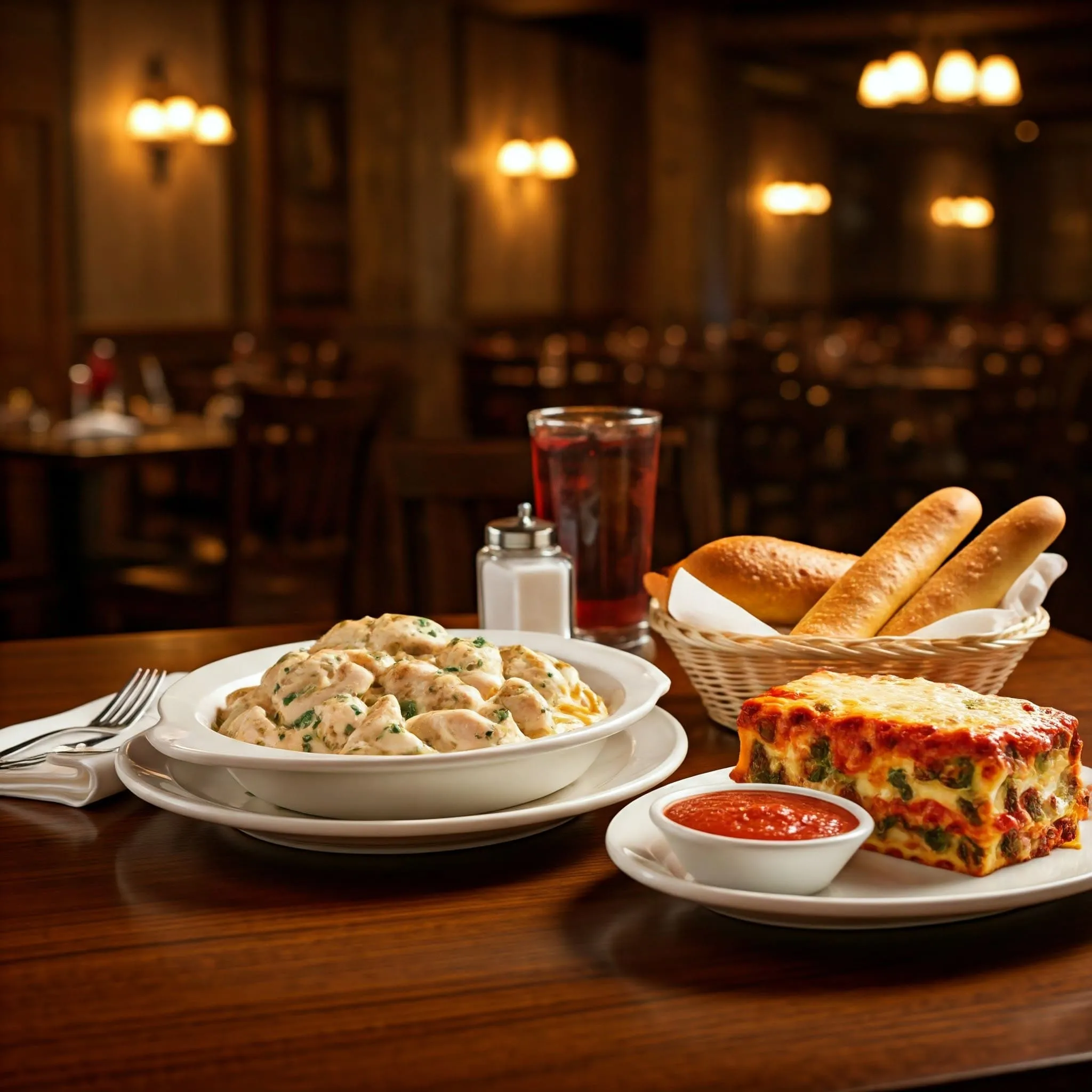 A cozy Olive Garden restaurant table set with Chicken Alfredo, Lasagna, and golden breadsticks.