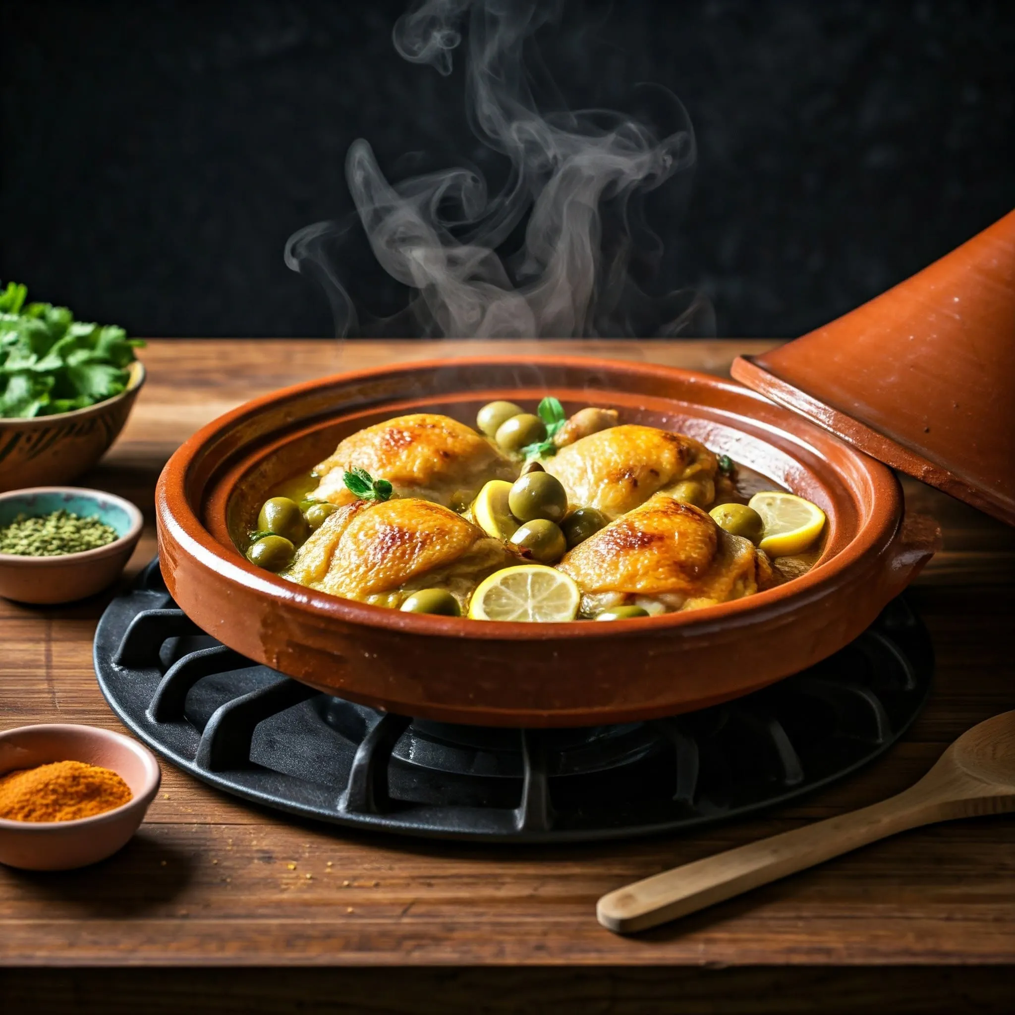 Chicken thighs simmering in a rich broth with preserved lemon slices, green olives, and a touch of honey in a large pot