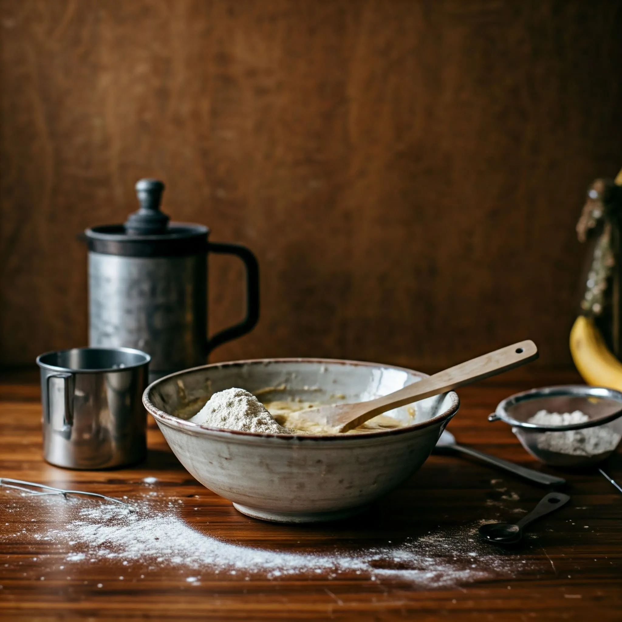 Mixing wet and dry ingredients in a bowl with a wooden spoon for banana bread batter.