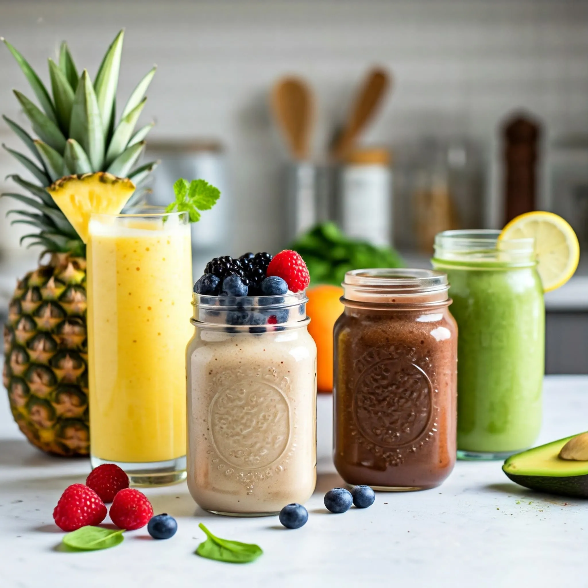 A variety of vibrant smoothies with fresh fruits, superfoods, and garnishes displayed on a kitchen counter.