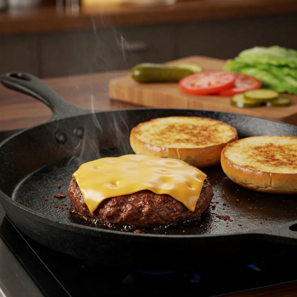 Close-up of a sizzling smashburger with crispy edges, melted cheese, and toasted brioche buns, cooking in a cast iron skillet