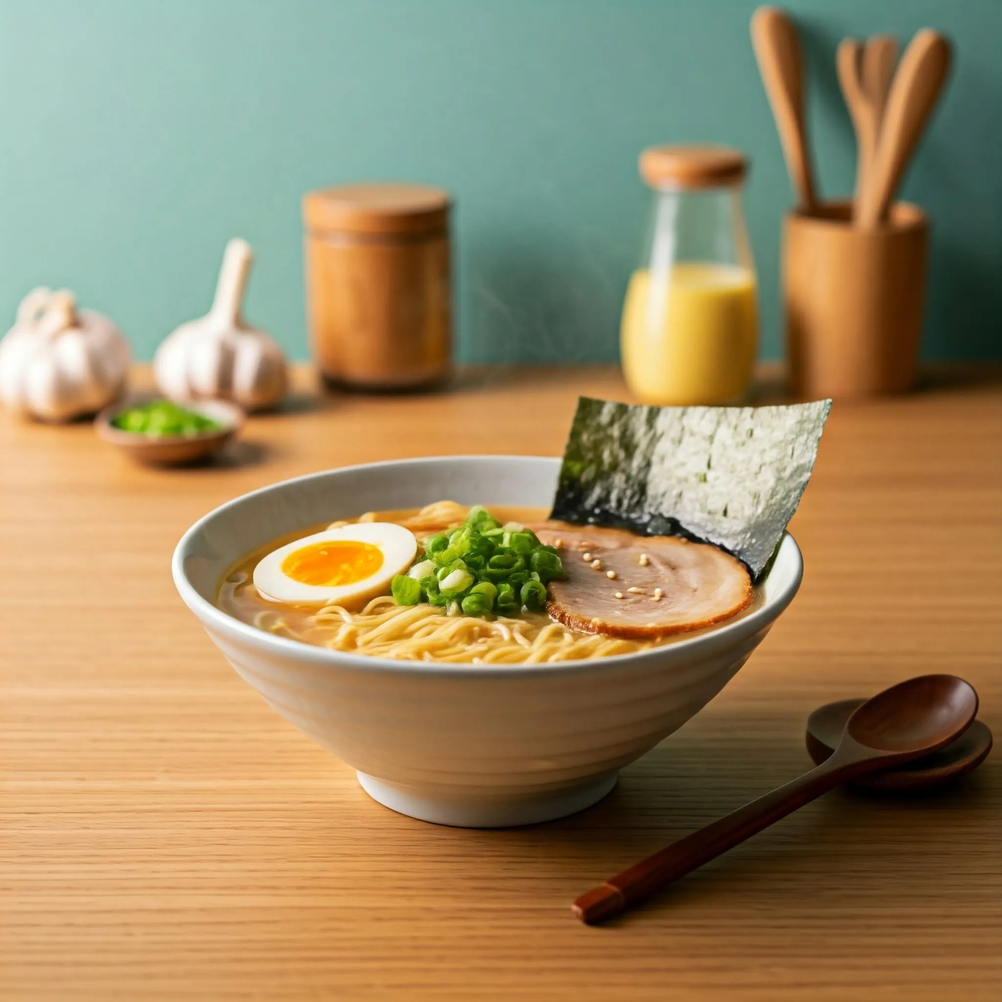 A steaming bowl of homemade ramen noodles with tender pork, soft-boiled egg, and fresh toppings in a cozy kitchen setting.