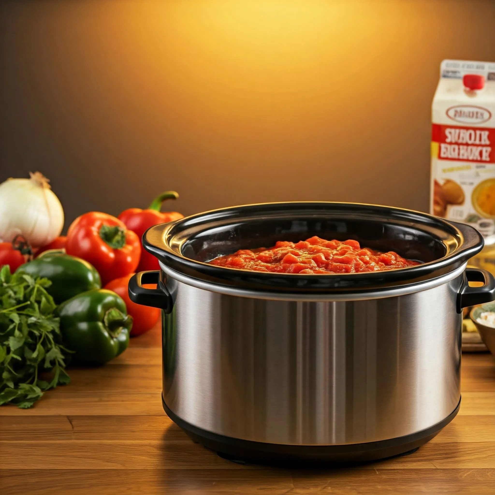 Slow cooker with diced tomatoes, tomato sauce, and vegetable broth being poured in, surrounded by fresh vegetables and herbs.