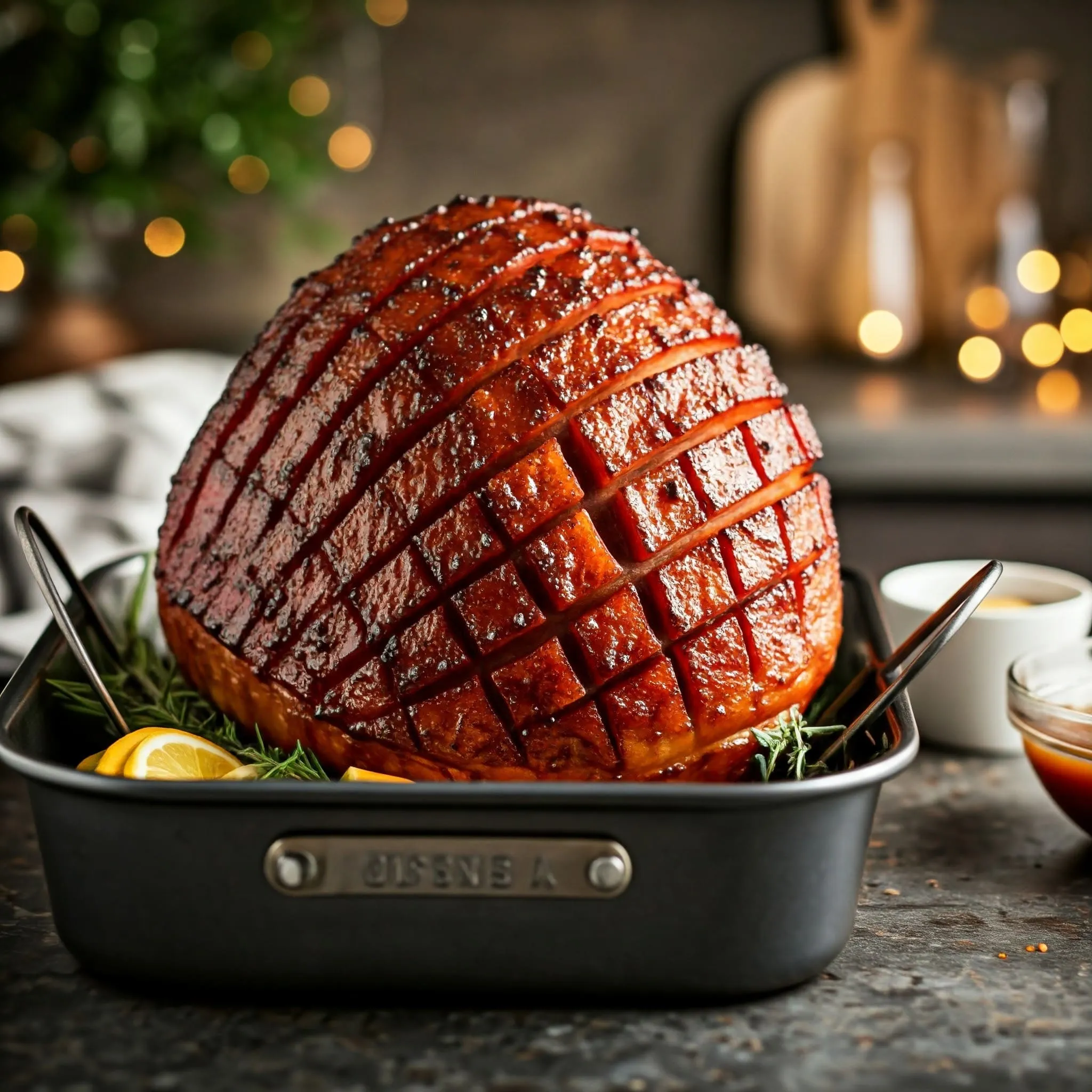 Honey-glazed ham with a golden-brown caramelized exterior, freshly roasted and garnished with herbs and citrus slices.