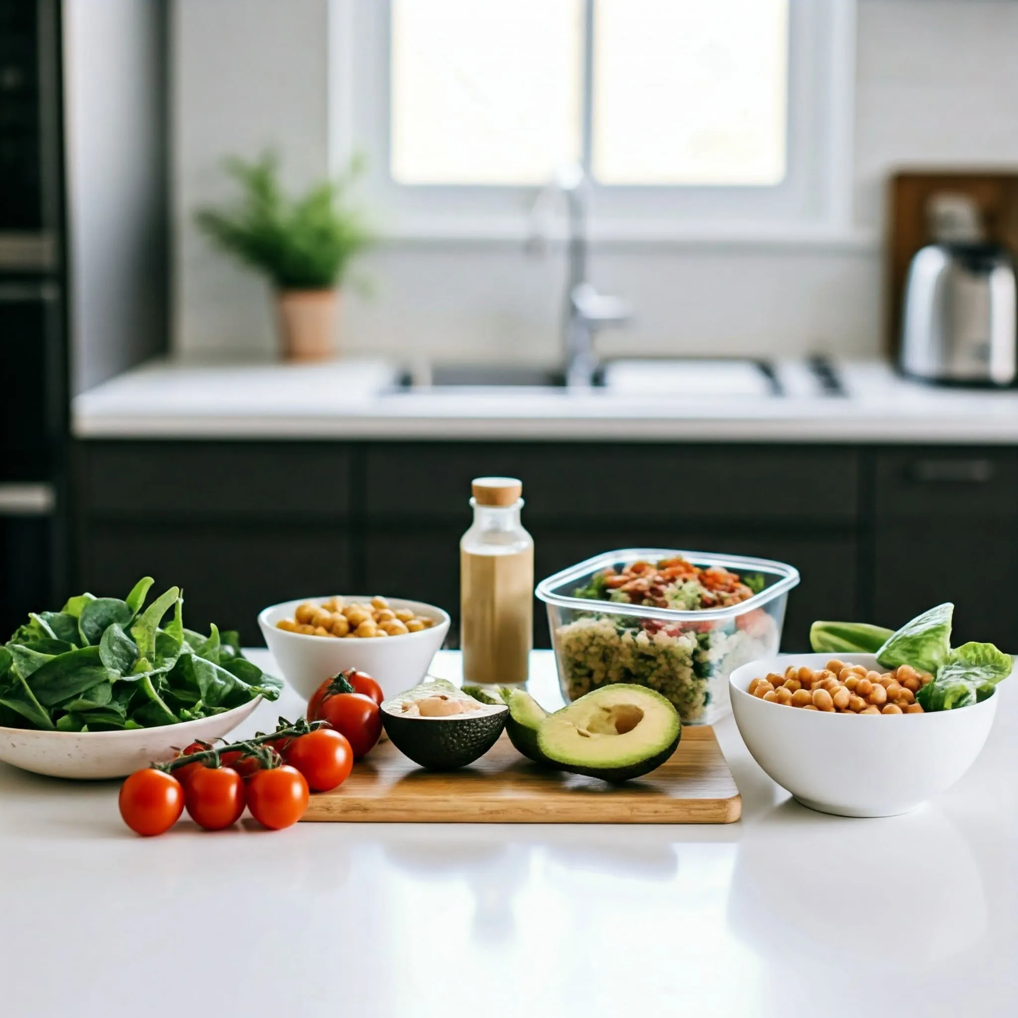 Quick and healthy vegan meal ideas laid out on a kitchen counter, including grain bowls, salads, and wraps with fresh vegetables and plant-based proteins.