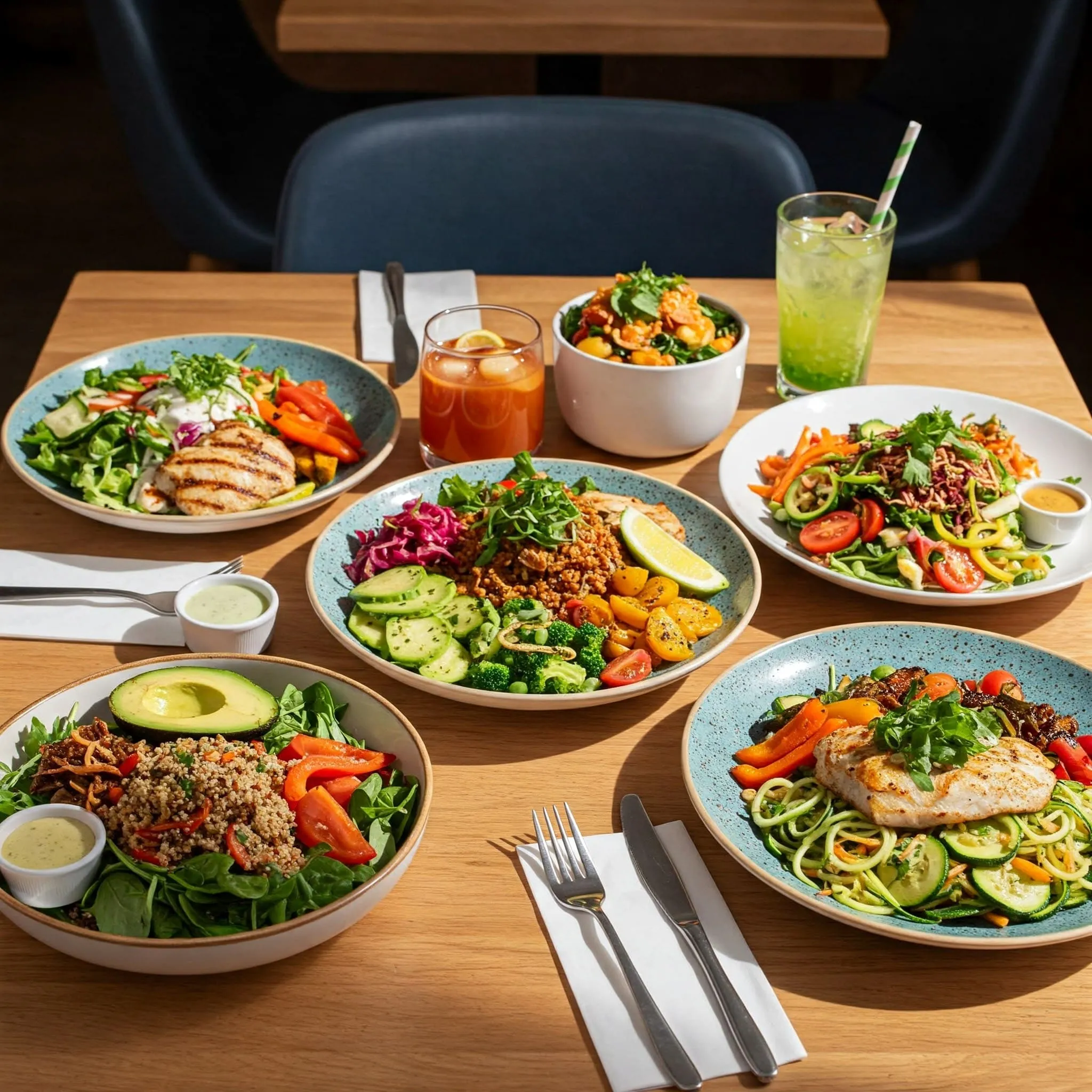 A variety of healthy meal options displayed on a restaurant table, including fresh salads, grilled proteins, and vegan dishes.