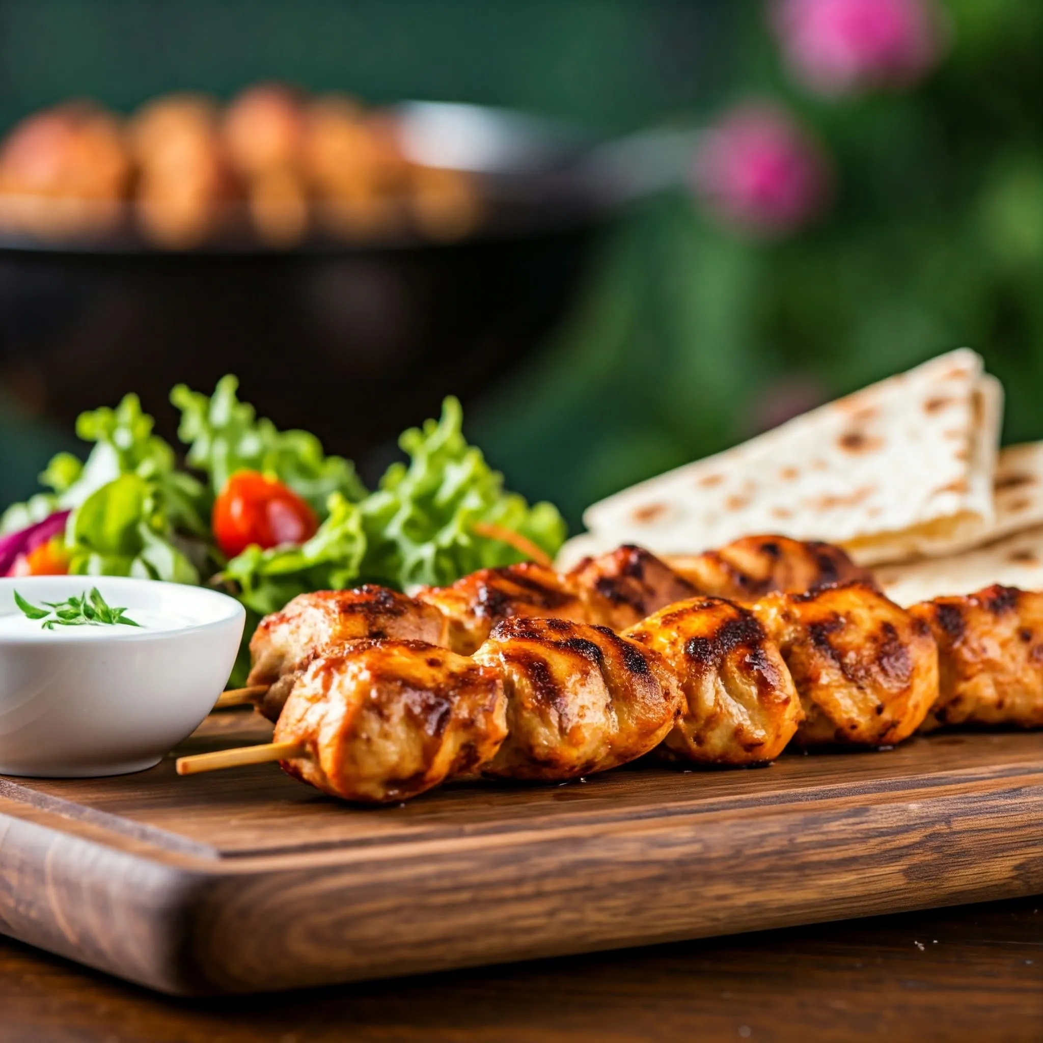 Grilled spicy chicken skewers served with yogurt sauce, salad, and flatbread.