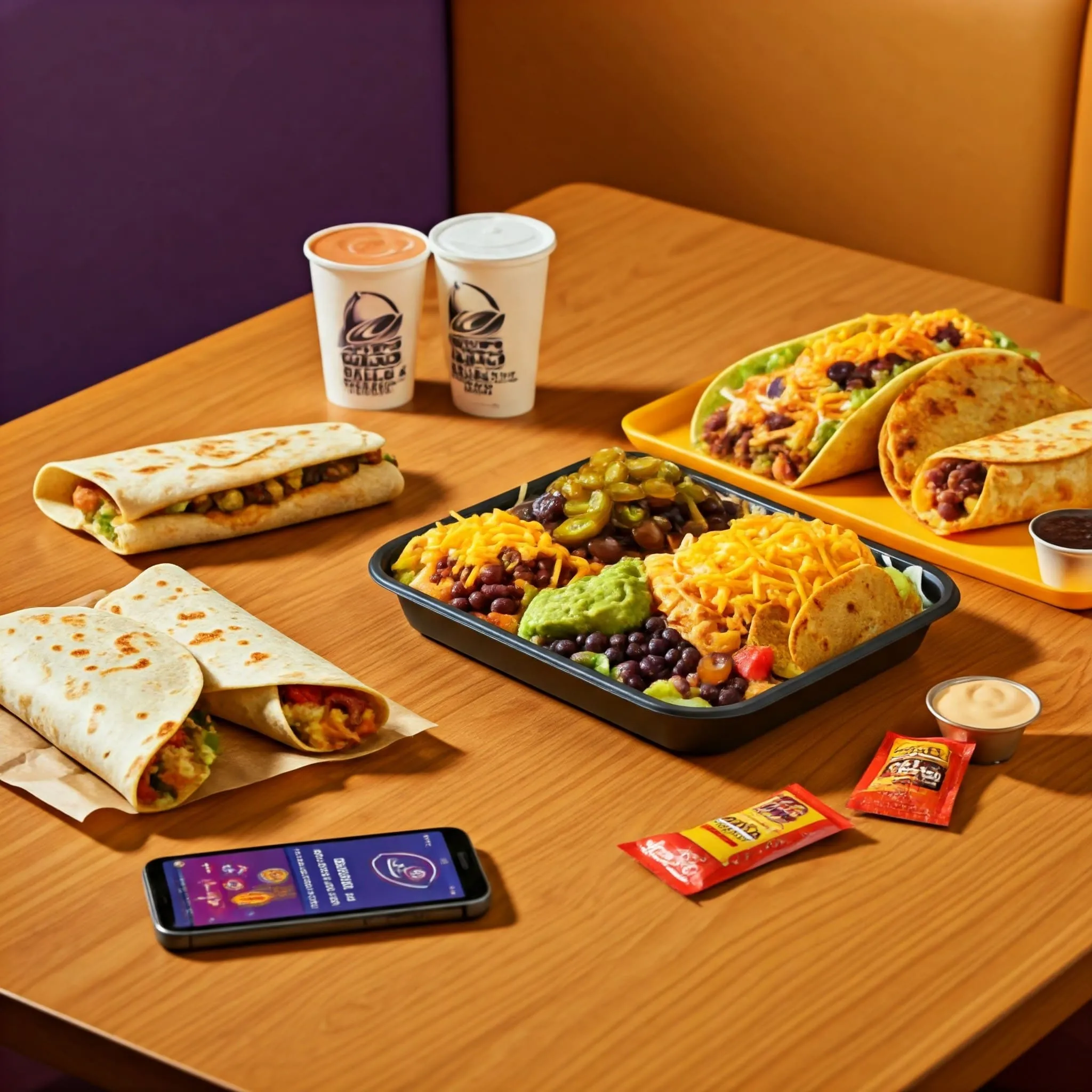 A colorful Taco Bell table featuring secret menu items, customizable meals, and the Taco Bell app displaying exclusive deals.