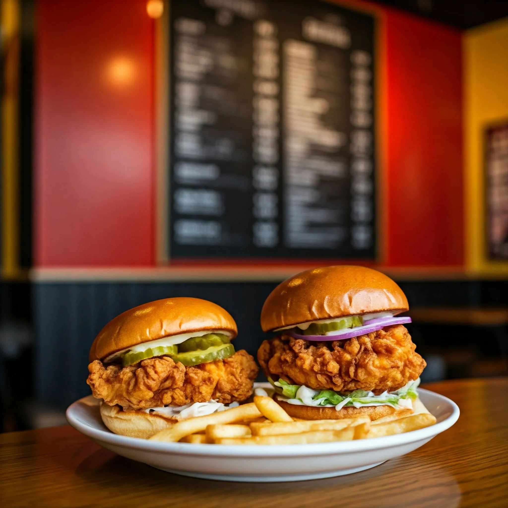 A plate of golden crispy chicken tenders served with brioche buns, pickles, fries, and coleslaw in a vibrant fast-casual restaurant setting, highlighting the fresh, juicy chicken and customizable spice levels.