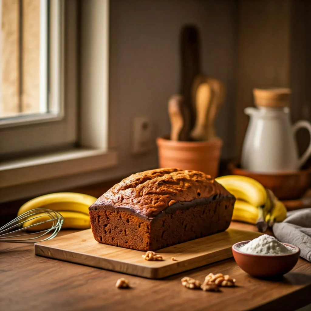 Freshly baked banana bread on a wooden cutting board surrounded by ripe bananas, a bowl of flour, and a whisk in a cozy kitchen setting.