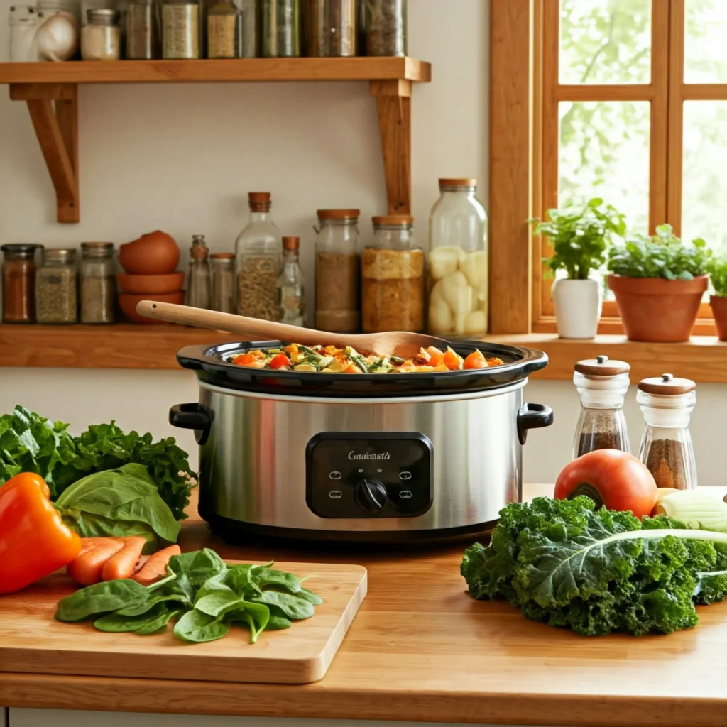 Slow cooker filled with vibrant vegetable stew surrounded by fresh vegetables and herbs in a cozy kitchen.