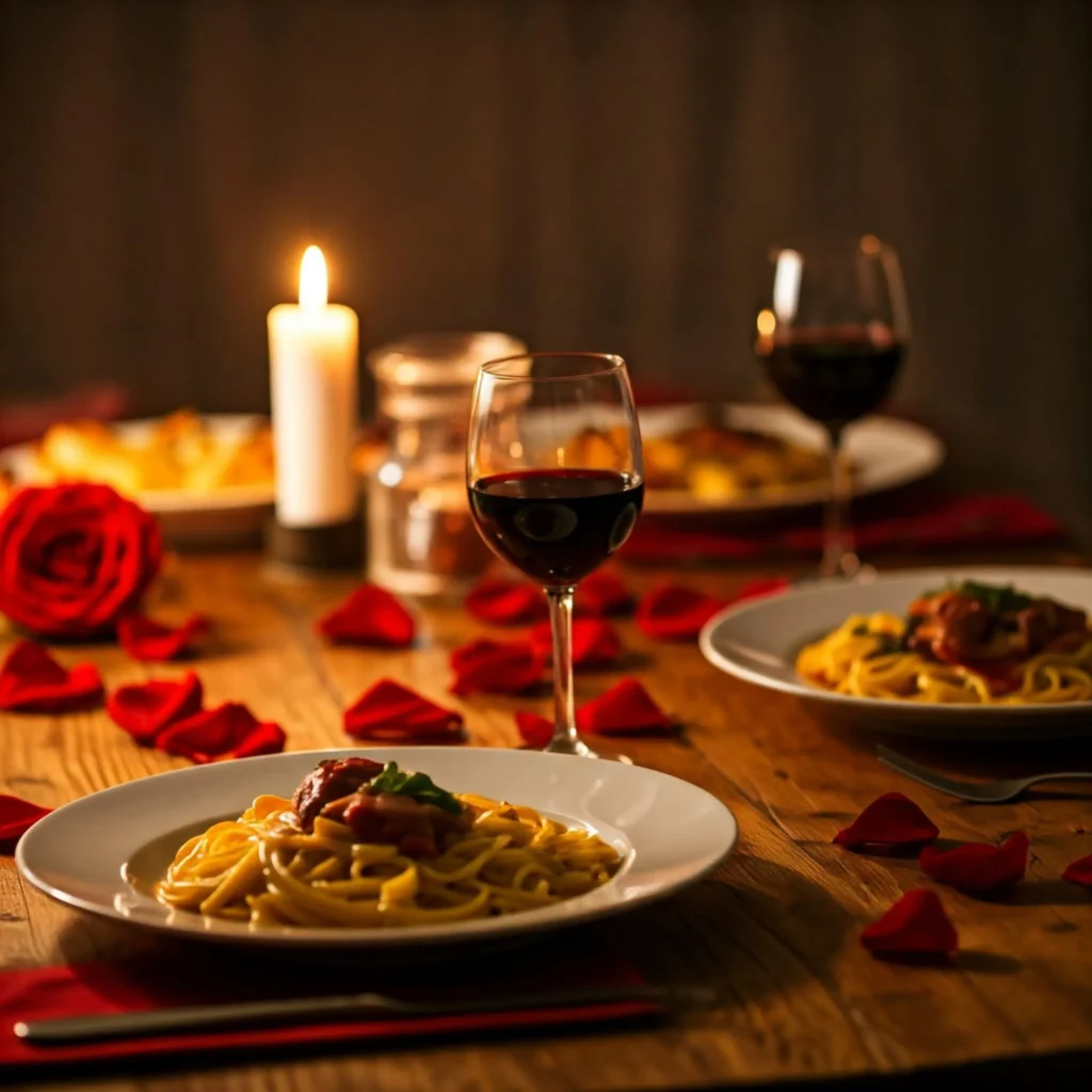 Romantic Valentine's Day dinner setup with candlelight, rose petals, and gourmet dishes.