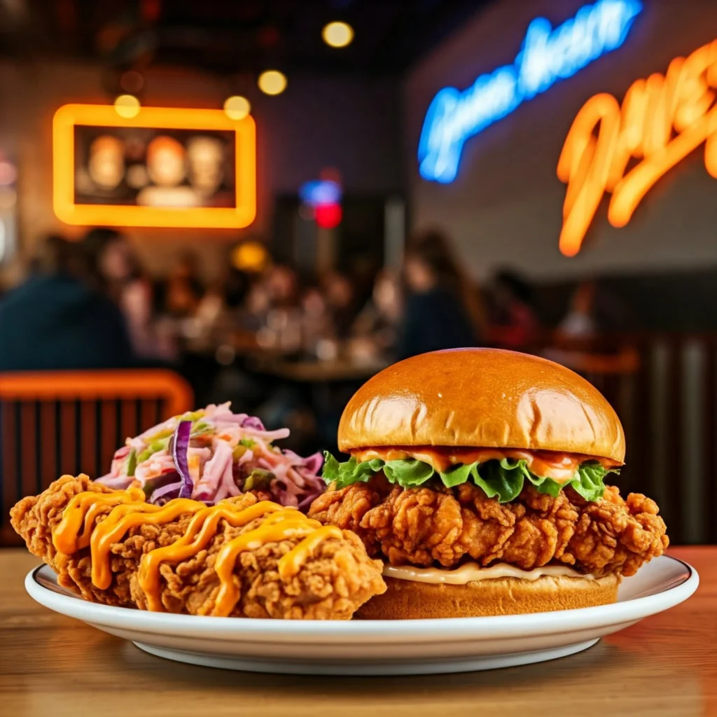 A plate of crispy, golden-brown chicken tenders from Dave’s Hot Chicken, served with pickles and a toasted brioche bun, in a vibrant fast-casual restaurant setting.