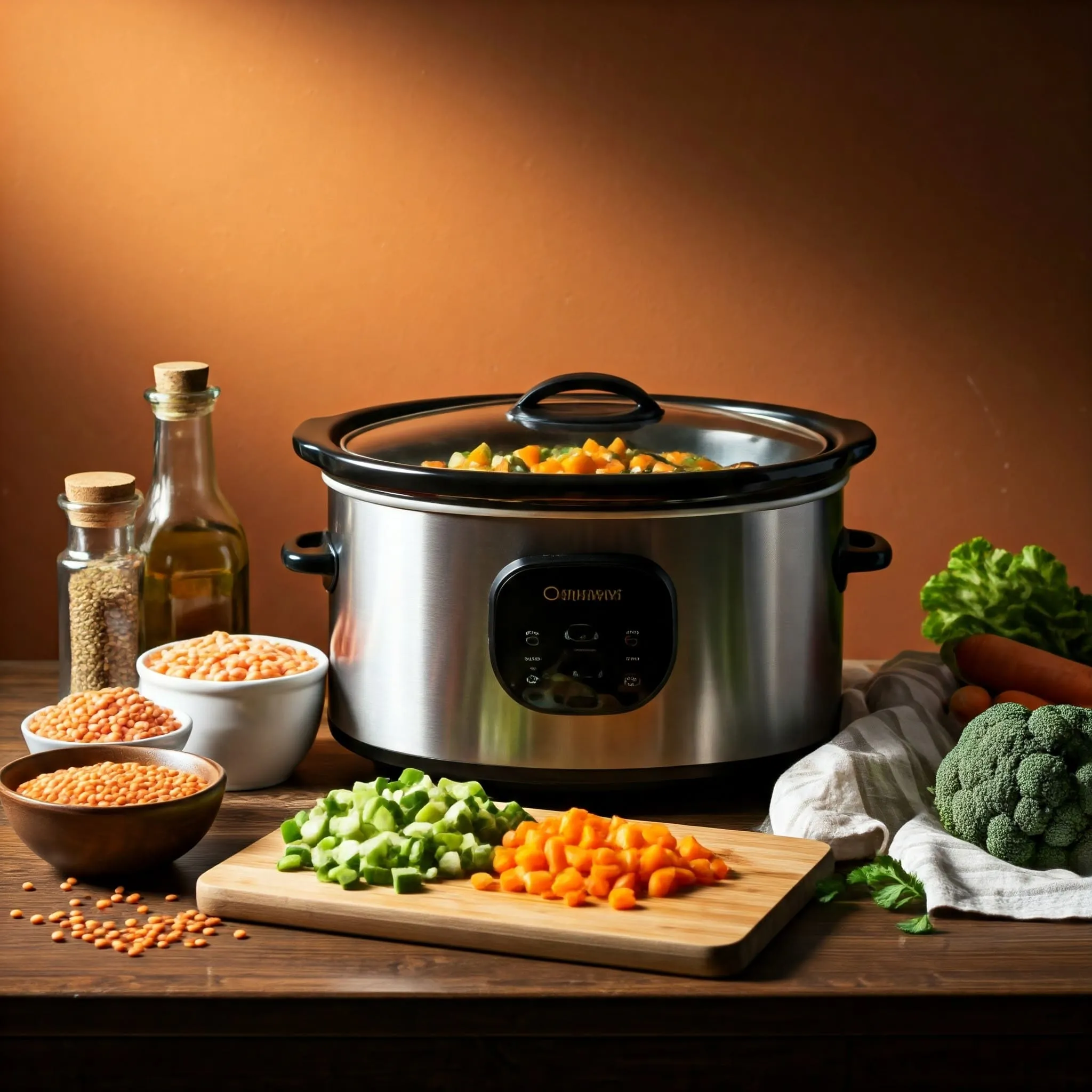 Vegetarian stew in a crockpot surrounded by fresh ingredients, emphasizing the convenience and simplicity of slow cooker cooking.