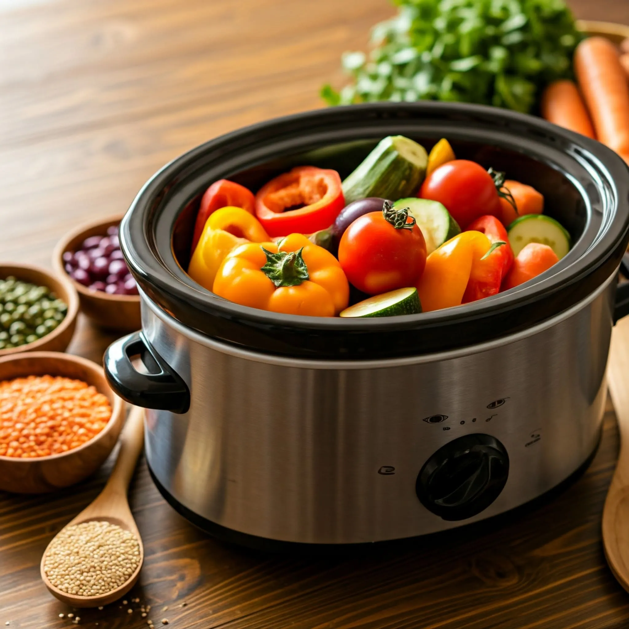 Slow cooker with fresh vegetables and beans surrounded by ingredients for a vegetarian meal.