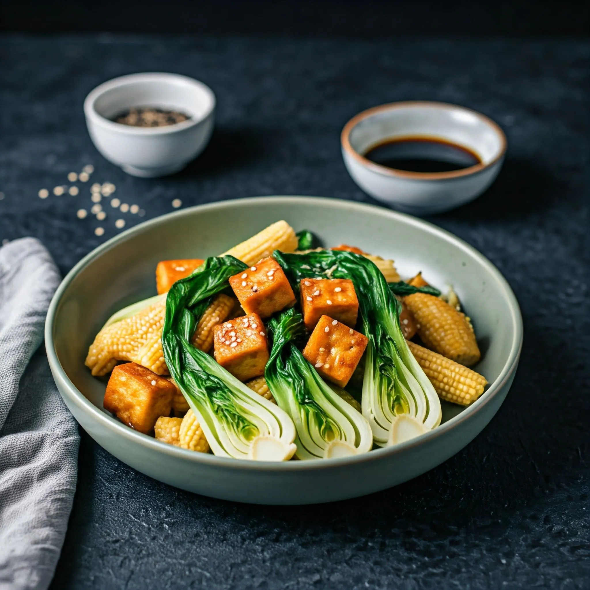 A stir fry with crispy tofu, bok choy, and baby corn in a sesame-soy glaze, garnished with sesame seeds, served in a ceramic bowl.