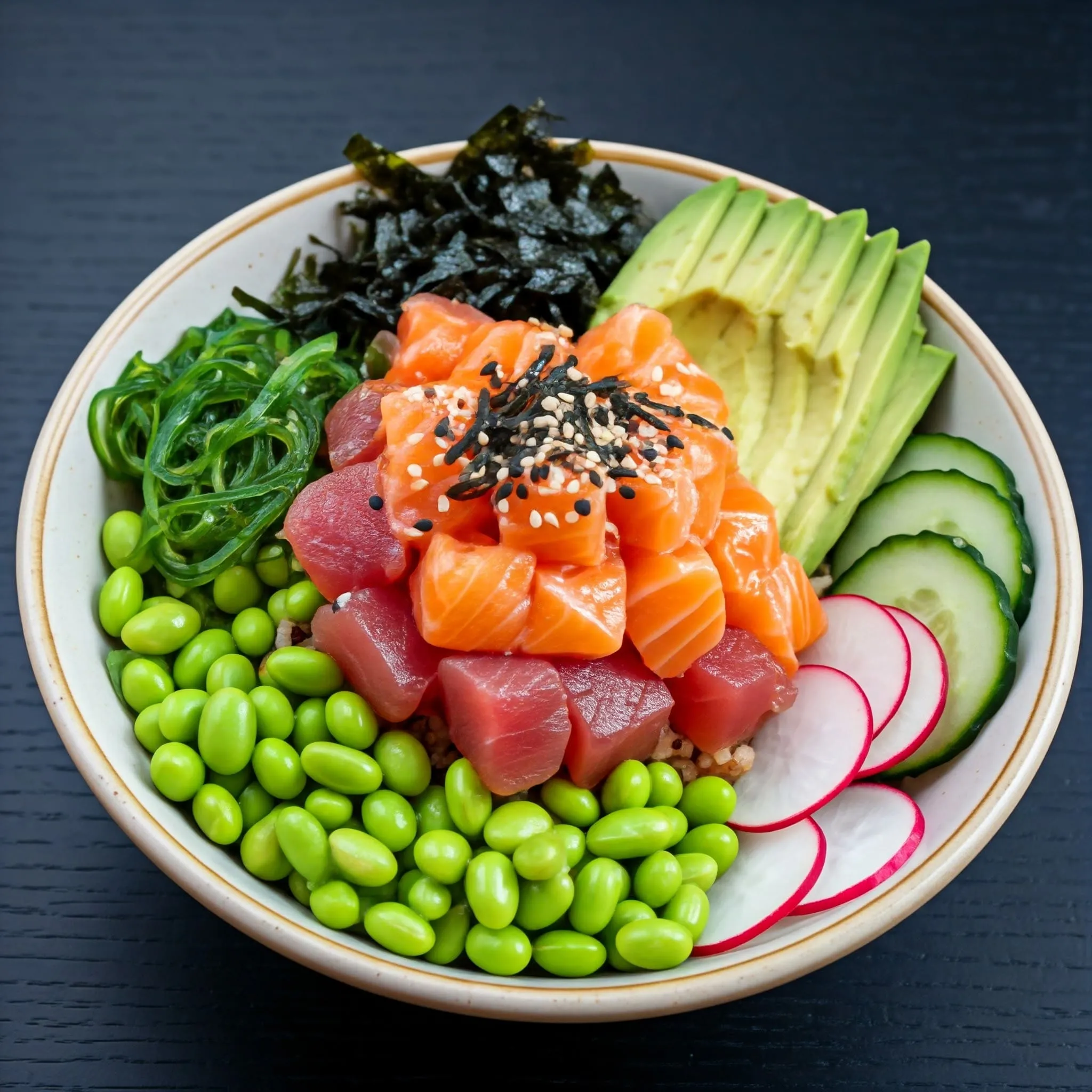 A colorful homemade poke bowl with sashimi-grade tuna, salmon, avocado, cucumber, edamame, seaweed, and a drizzle of soy sauce and spicy mayo.