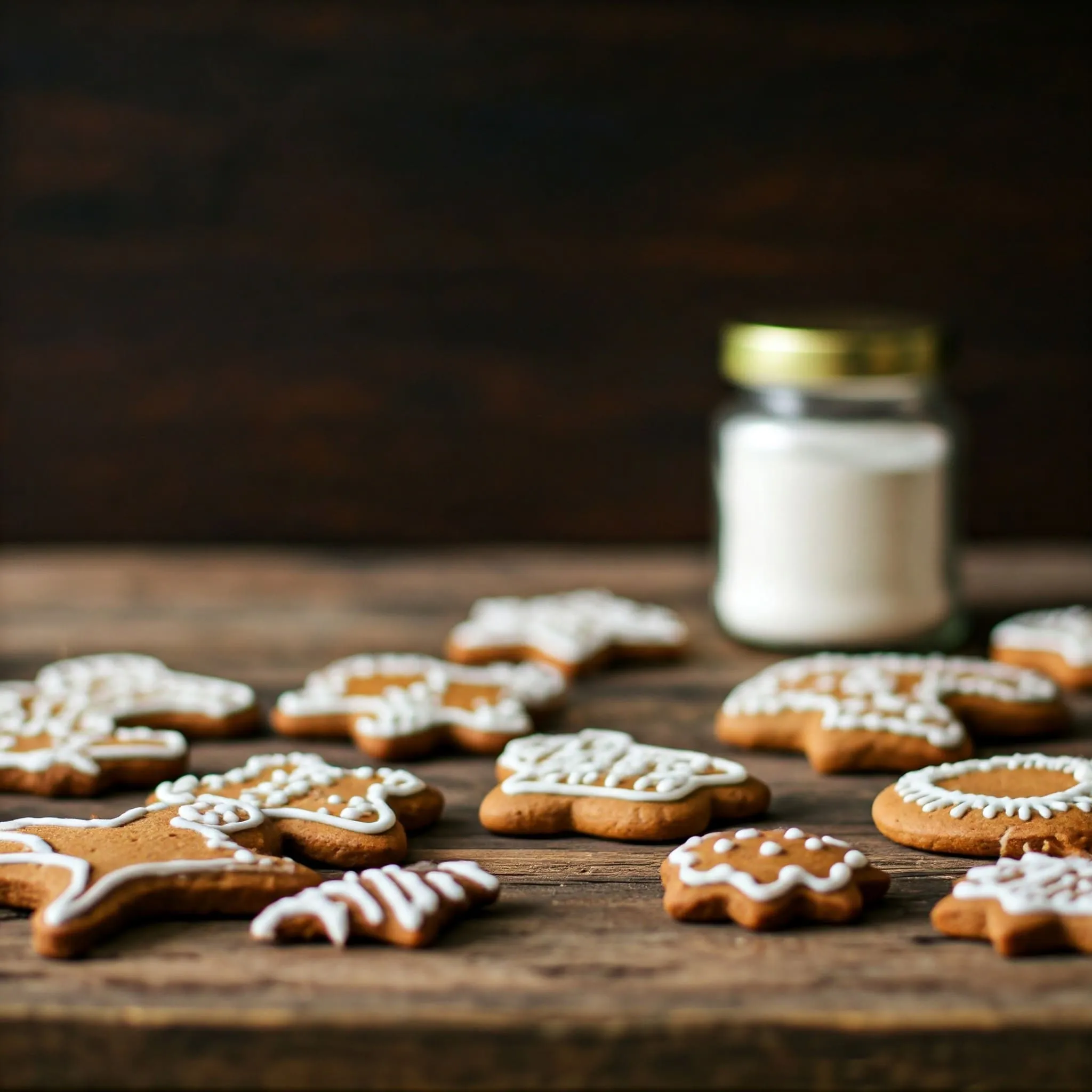 Freshly baked gingerbread cookies in various shapes, decorated with icing, surrounded by baking ingredients like molasses, brown sugar, and spices on a rustic wooden surface.