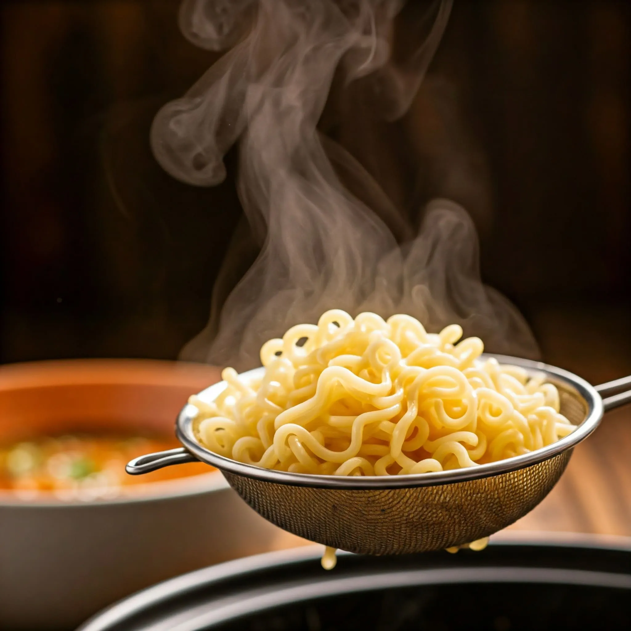 Cooked ramen noodles in a strainer, freshly drained and ready to be added to the Moroccan chicken broth.