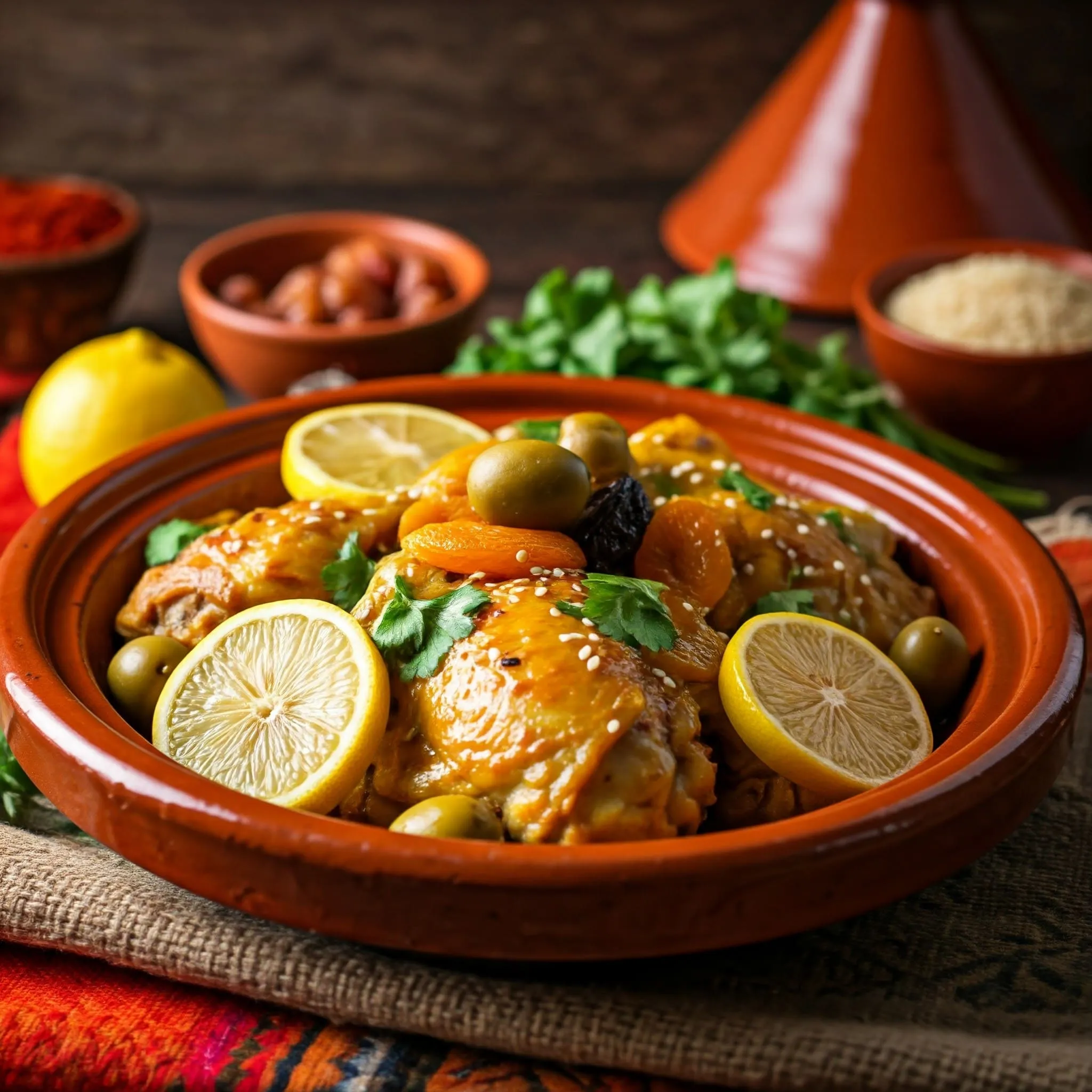 Moroccan chicken tagine with aromatic spices, preserved lemons, olives, apricots, and fresh herbs.