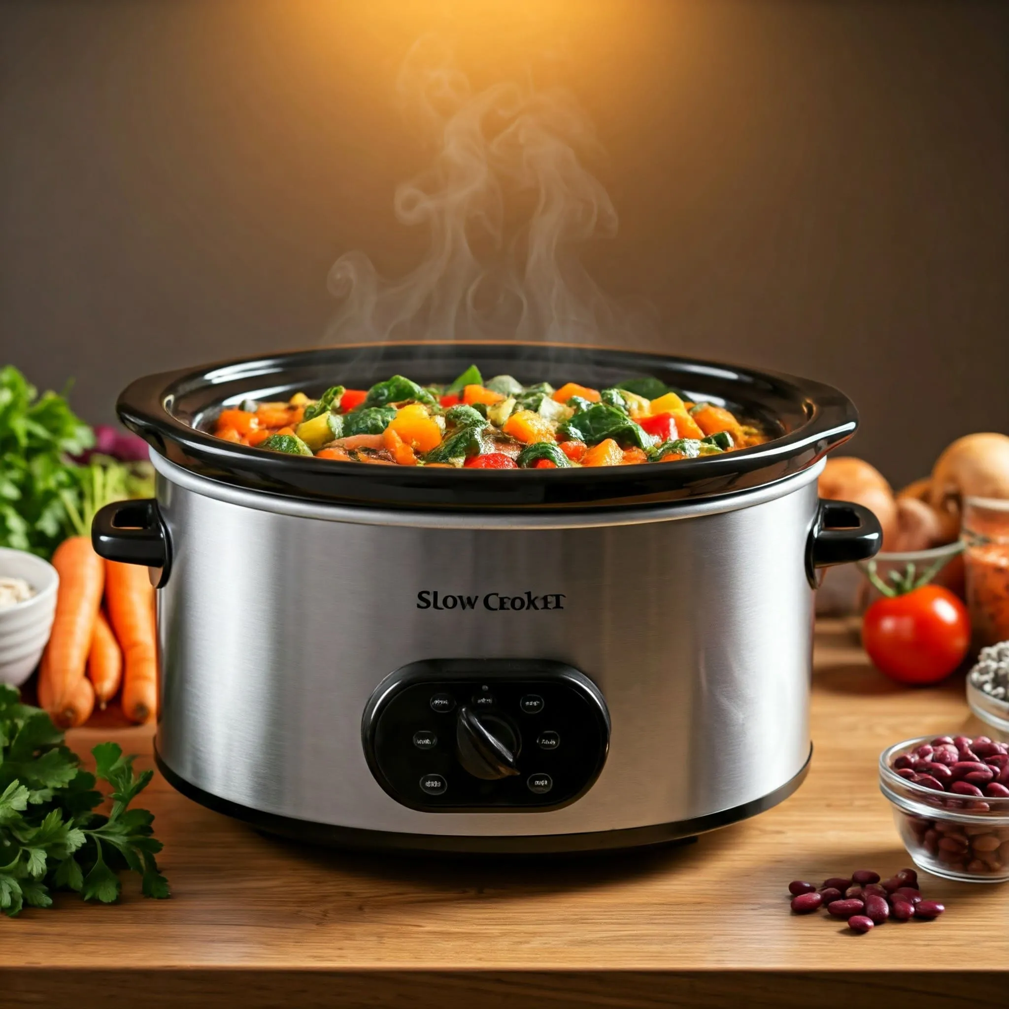 Vegetarian stew in a crockpot with fresh vegetables, lentils, and herbs, highlighting the benefits of slow cooking for healthy meals.