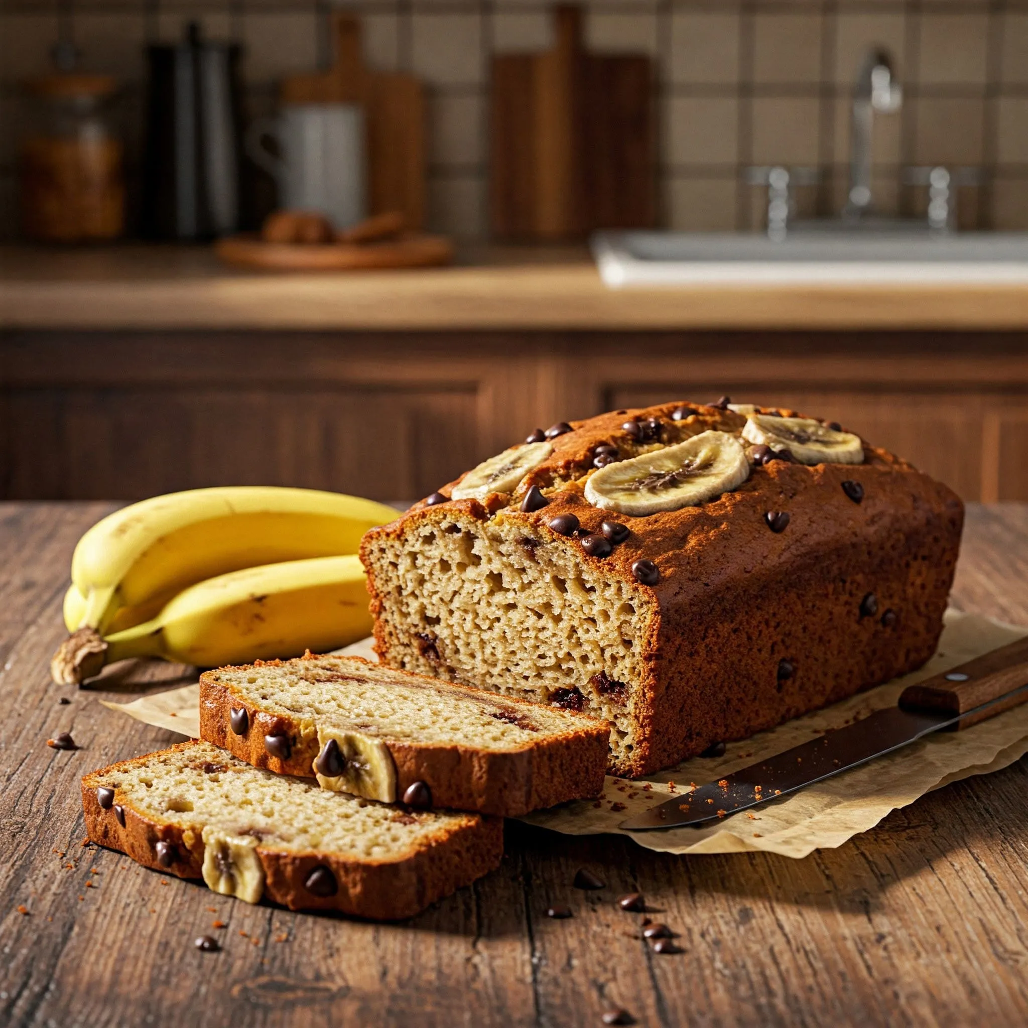 Freshly baked banana bread loaf with chocolate chips and cinnamon, served with sliced pieces and ripe bananas on the side.