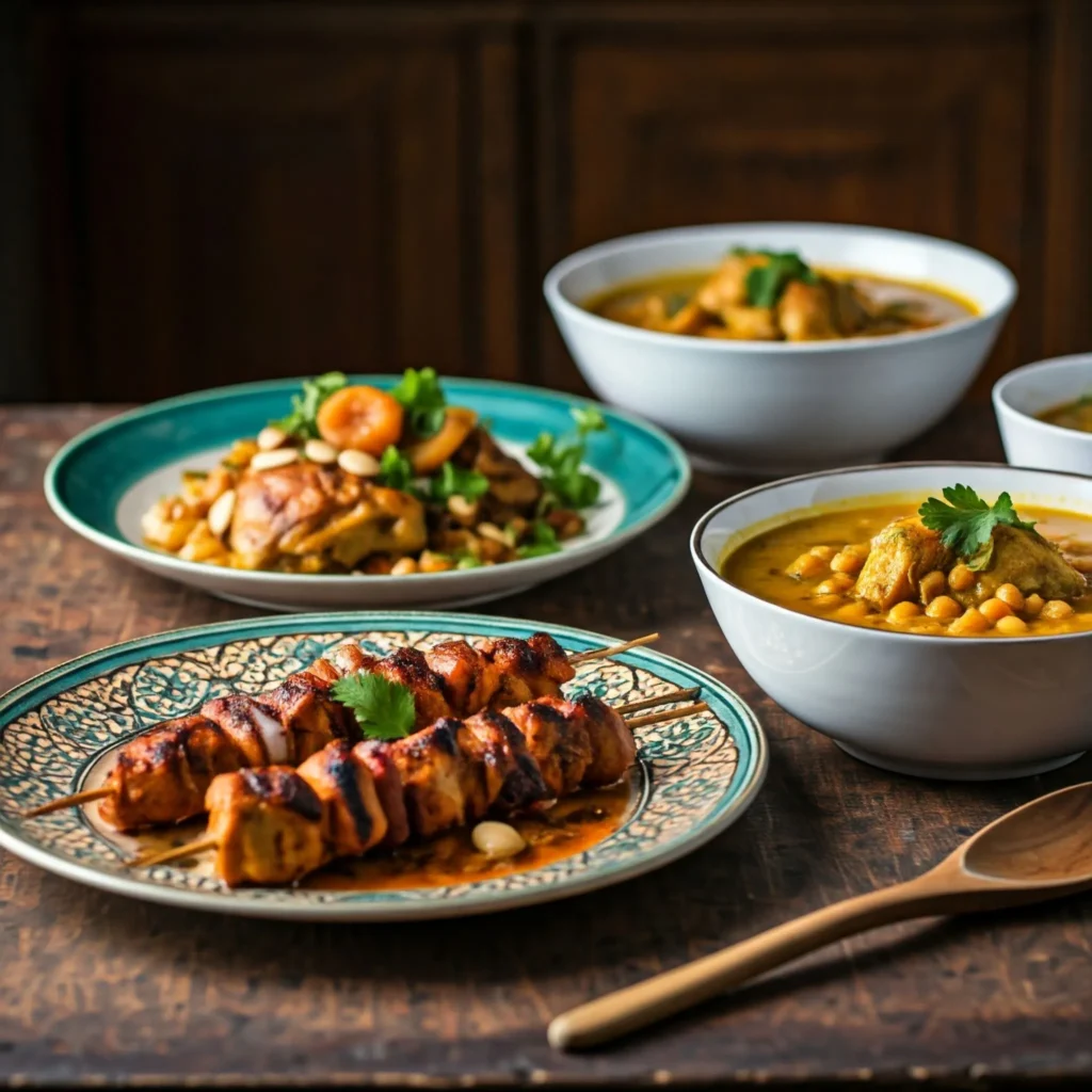 A variety of Moroccan chicken dishes showcasing vibrant flavors and spices, including chicken skewers, chicken with apricots, and Moroccan chicken soup.