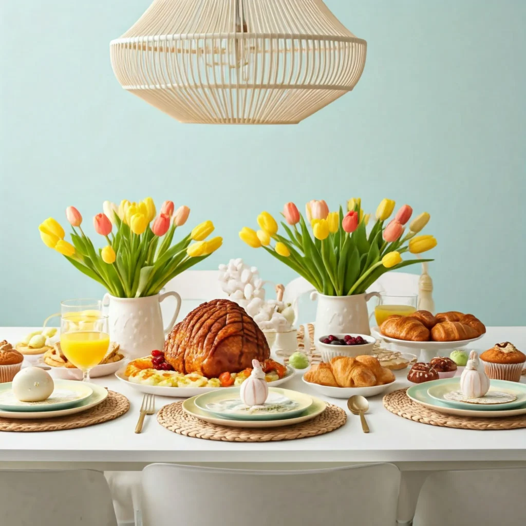 Bright Easter brunch table with pastel decor, spring flowers, and a variety of dishes including deviled eggs, ham, croissants, and fruit salad.