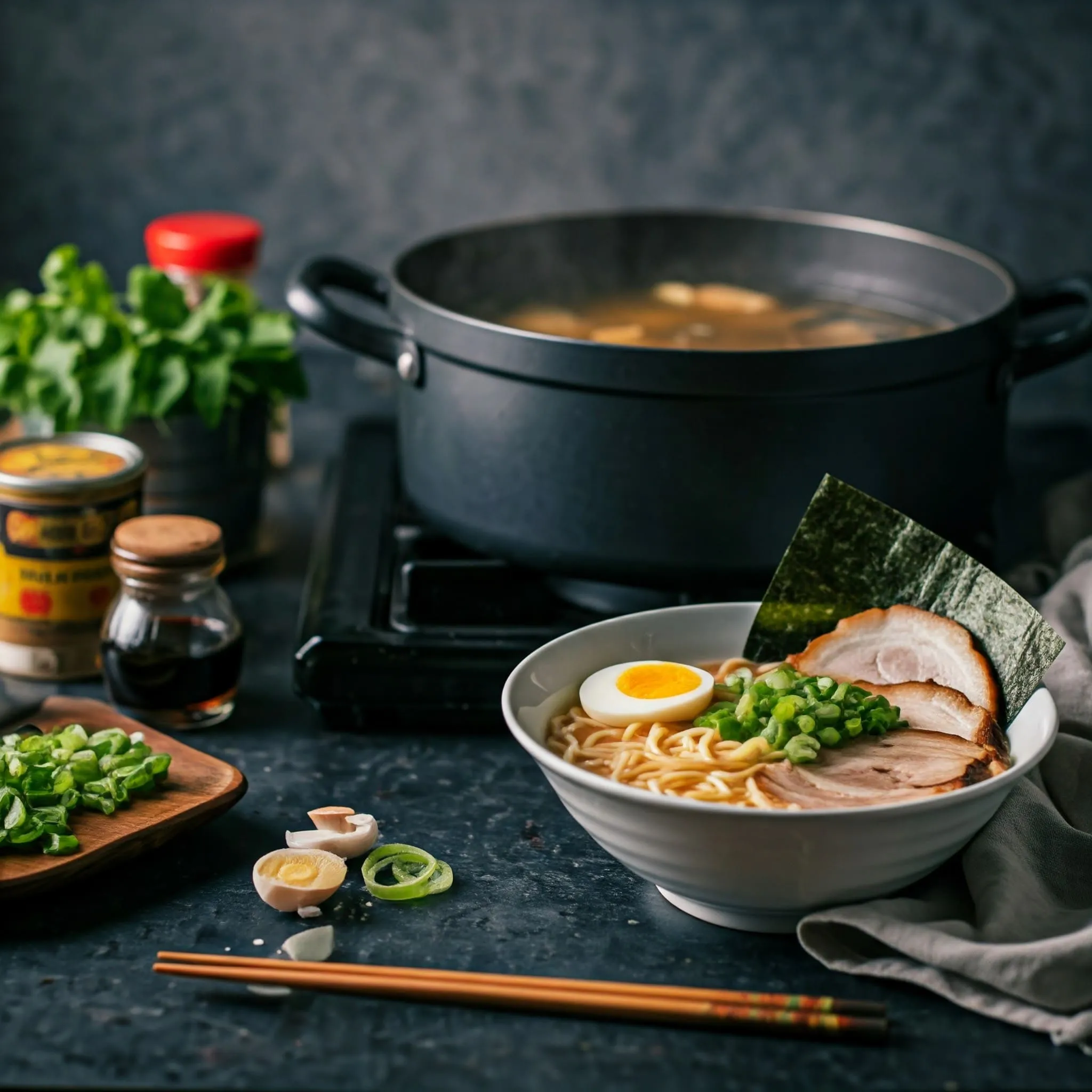 A cozy kitchen with simmering ramen broth, fresh ingredients, and a bowl of ramen with toppings like chashu pork and soft-boiled egg.