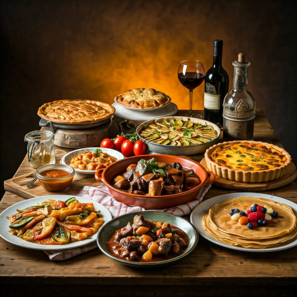 A rustic table setting featuring various classic traditional French dishes including Boeuf Bourguignon, Quiche Lorraine, and Ratatouille.