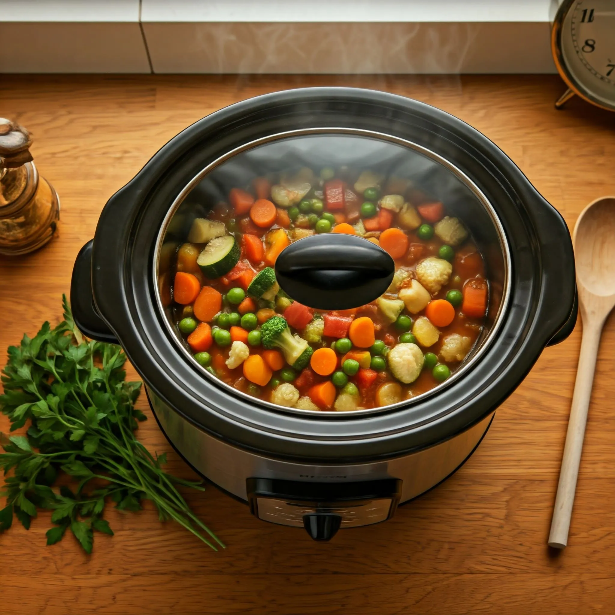 Slow cooker simmering a vegetable stew, covered with a lid, in a cozy kitchen setting with soft lighting.