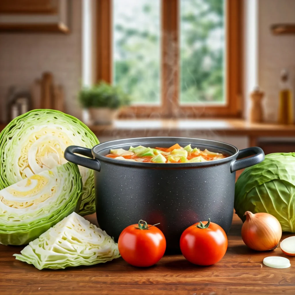 A steaming pot of vibrant cabbage soup with fresh vegetables on a rustic kitchen counter, highlighting a healthy weight loss meal.