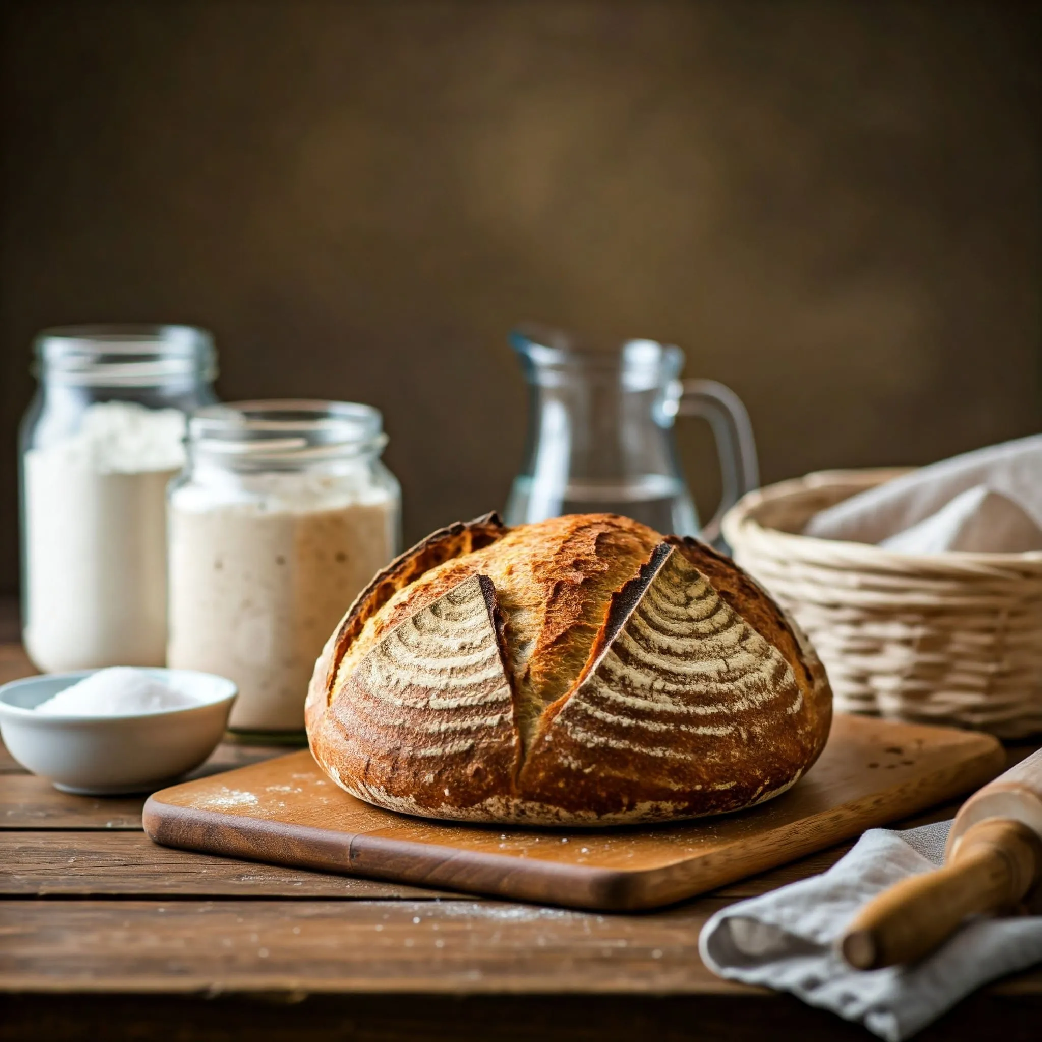 Freshly baked sourdough loaf with a golden crust on a wooden cutting board, surrounded by baking ingredients like flour, sourdough starter, salt, and water in a cozy kitchen.