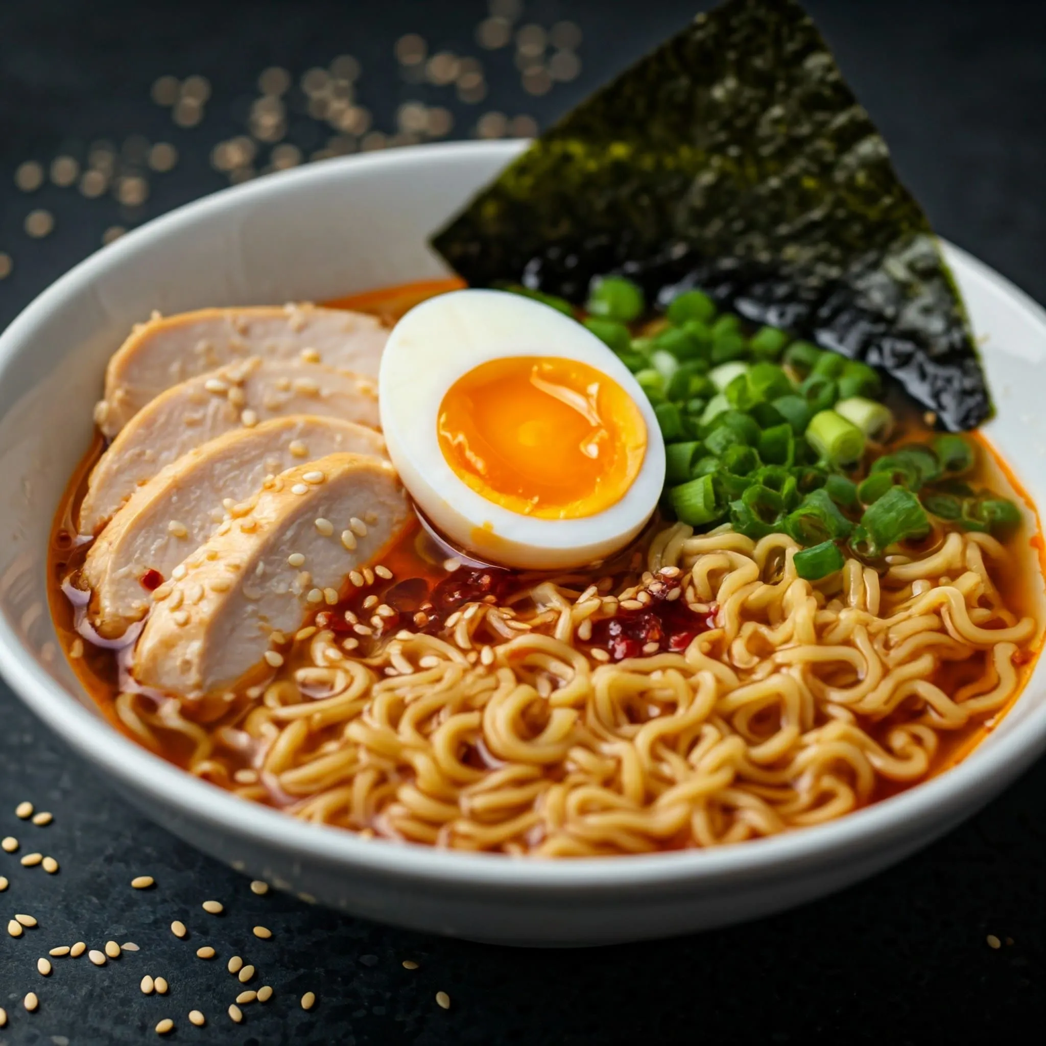 A bowl of freshly assembled ramen with noodles, broth, tender chicken or pork, soft-boiled egg, green onions, shredded nori, chili oil, and sesame seeds.