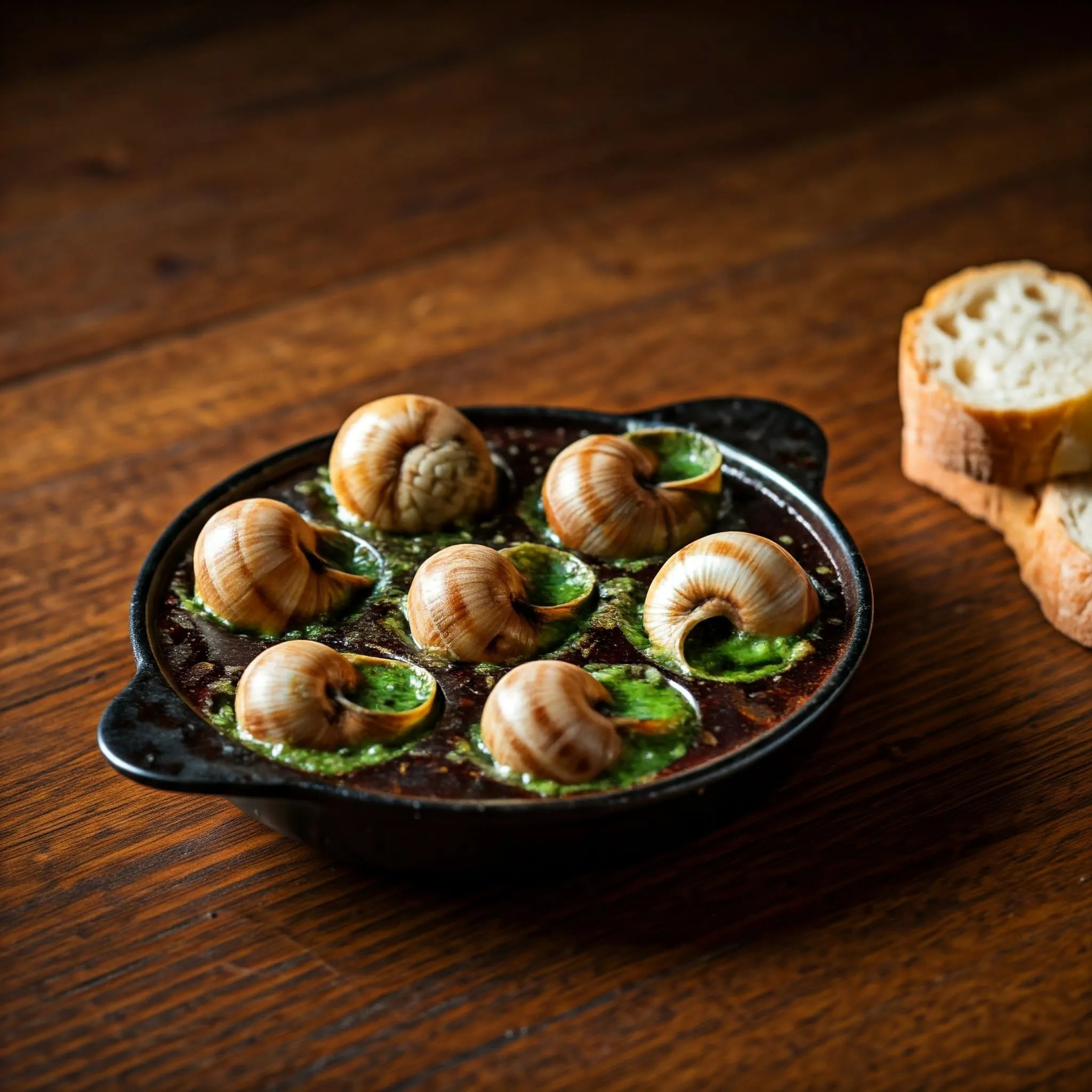 A traditional Escargot à la Bourguignonne dish with bubbling garlic butter, tongs, and crusty bread