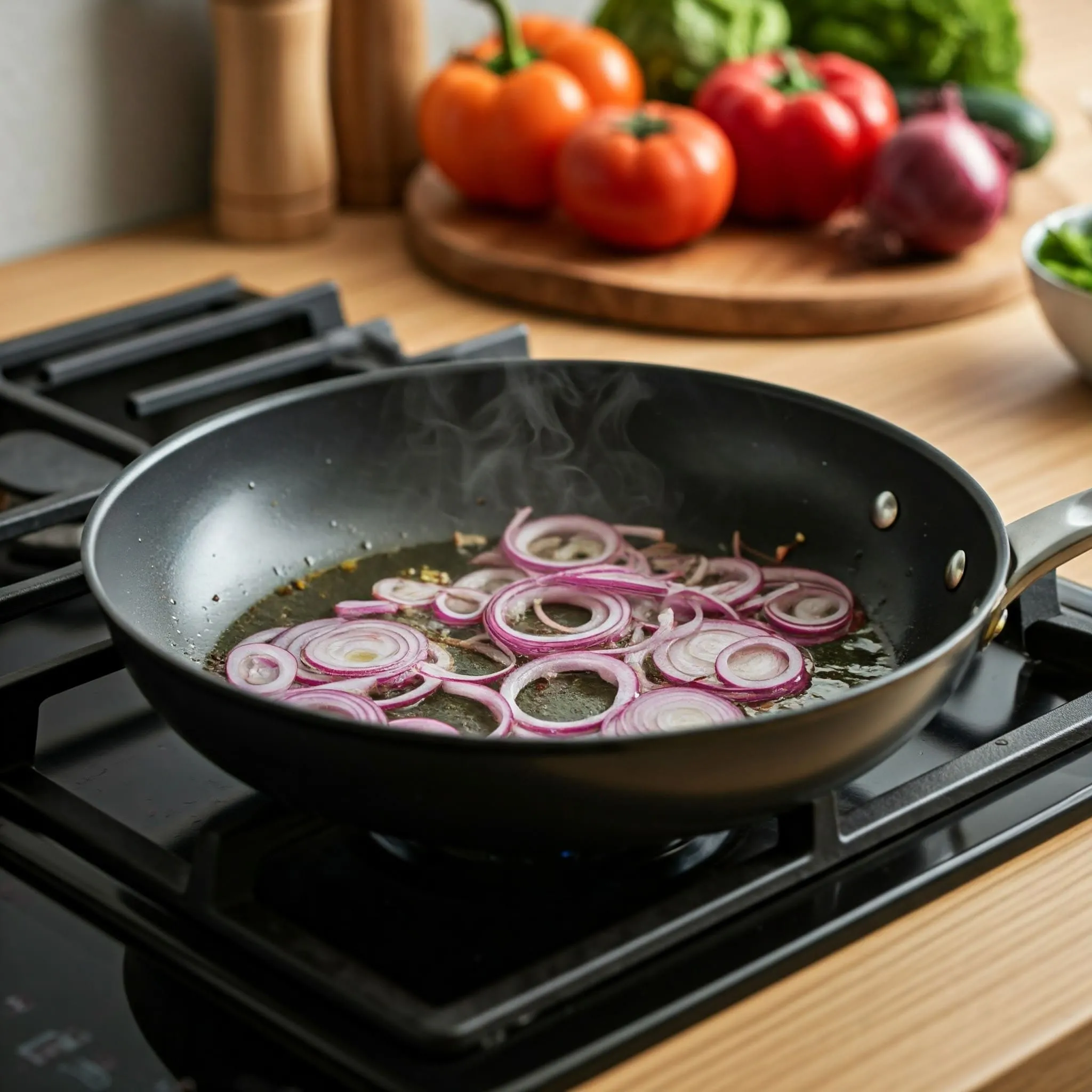 Sautéing red onion in olive oil in a large pan on a stove.