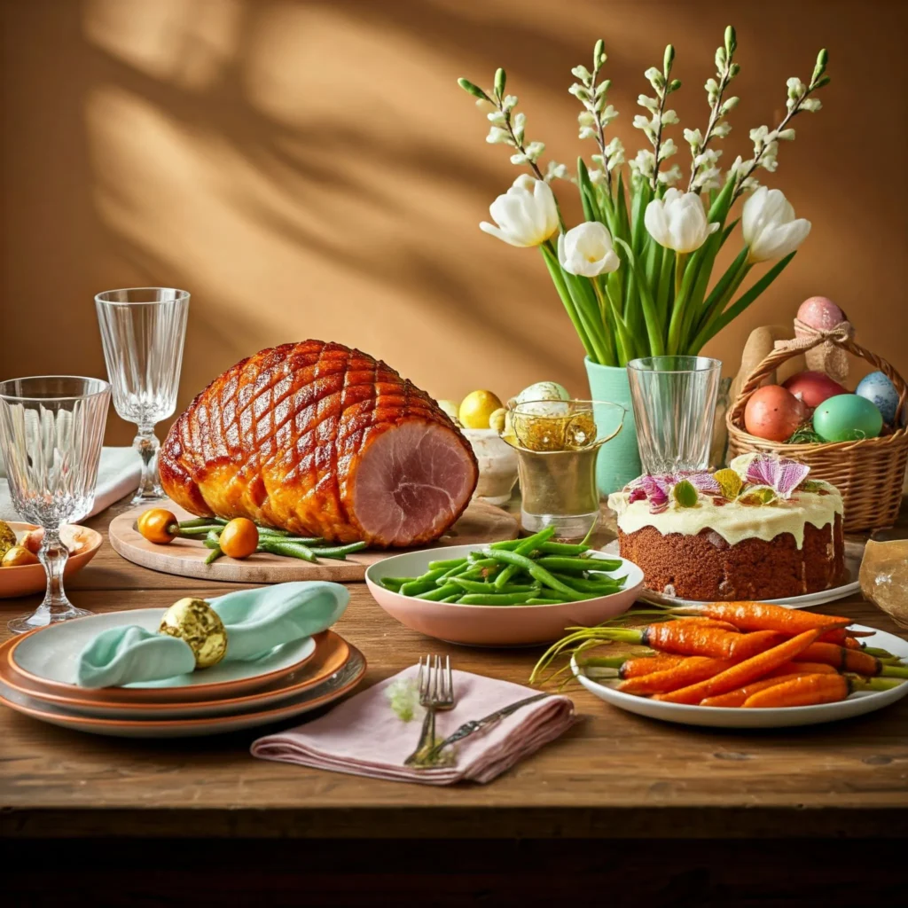 Easter Sunday dinner featuring honey-glazed ham, roasted carrots with honey glaze, garlic green beans, and carrot cake with cream cheese frosting.