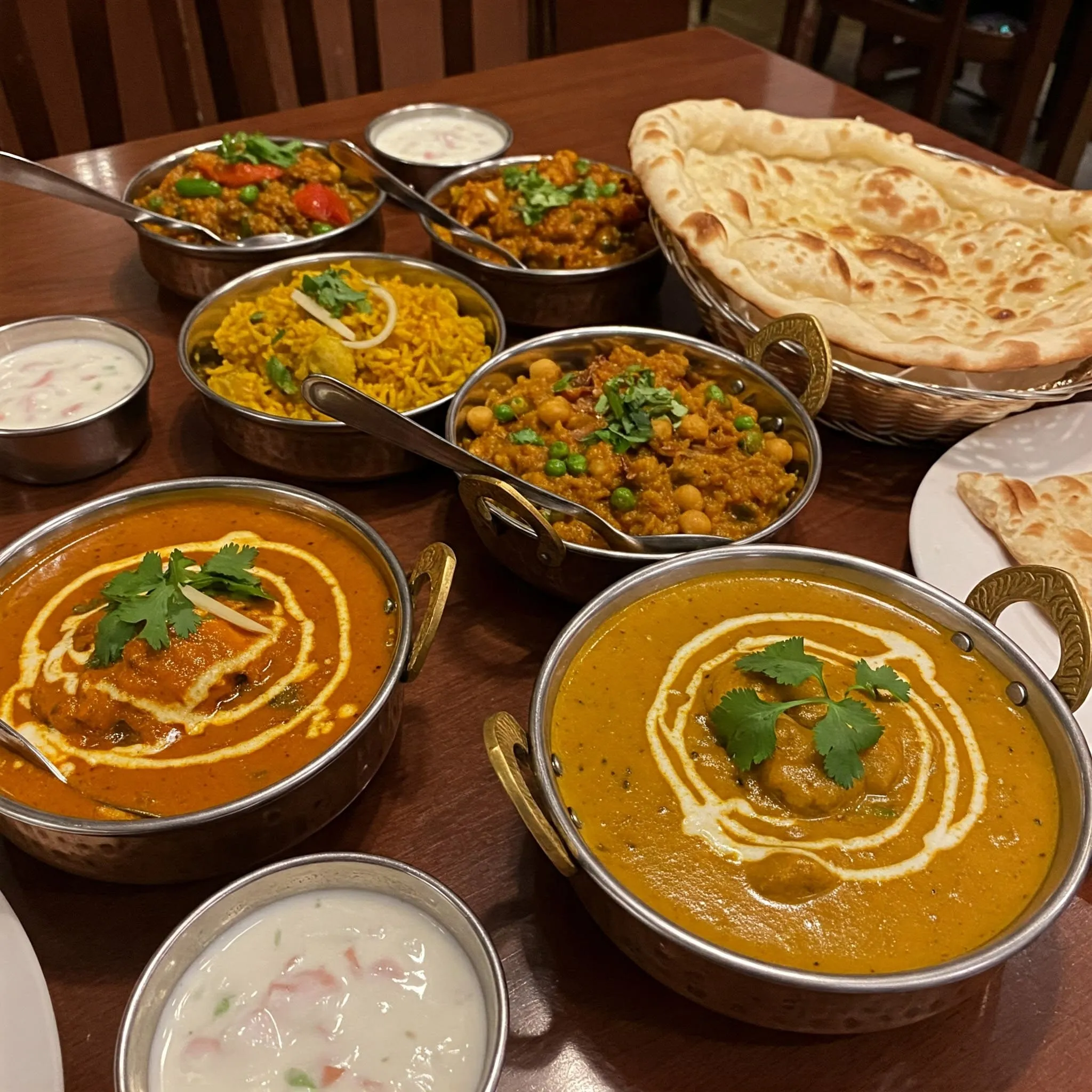 A vibrant Indian meal with butter chicken, vindaloo, naan, and vegetarian dishes like dal and chickpea curry on a warm table.