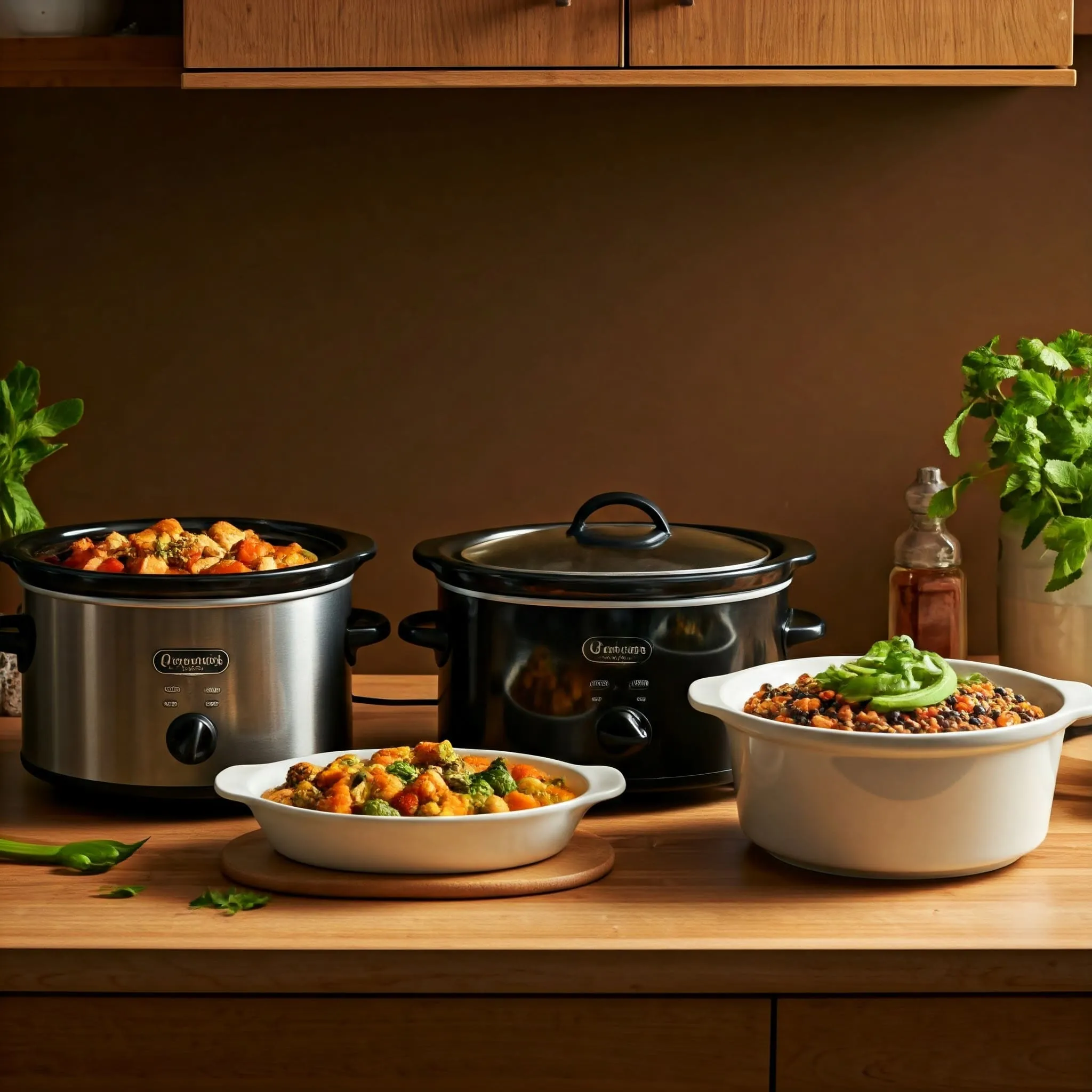 Three slow cookers filled with vibrant vegan dishes: tofu stir-fry, sweet potato and chickpea curry, and quinoa and black bean casserole.