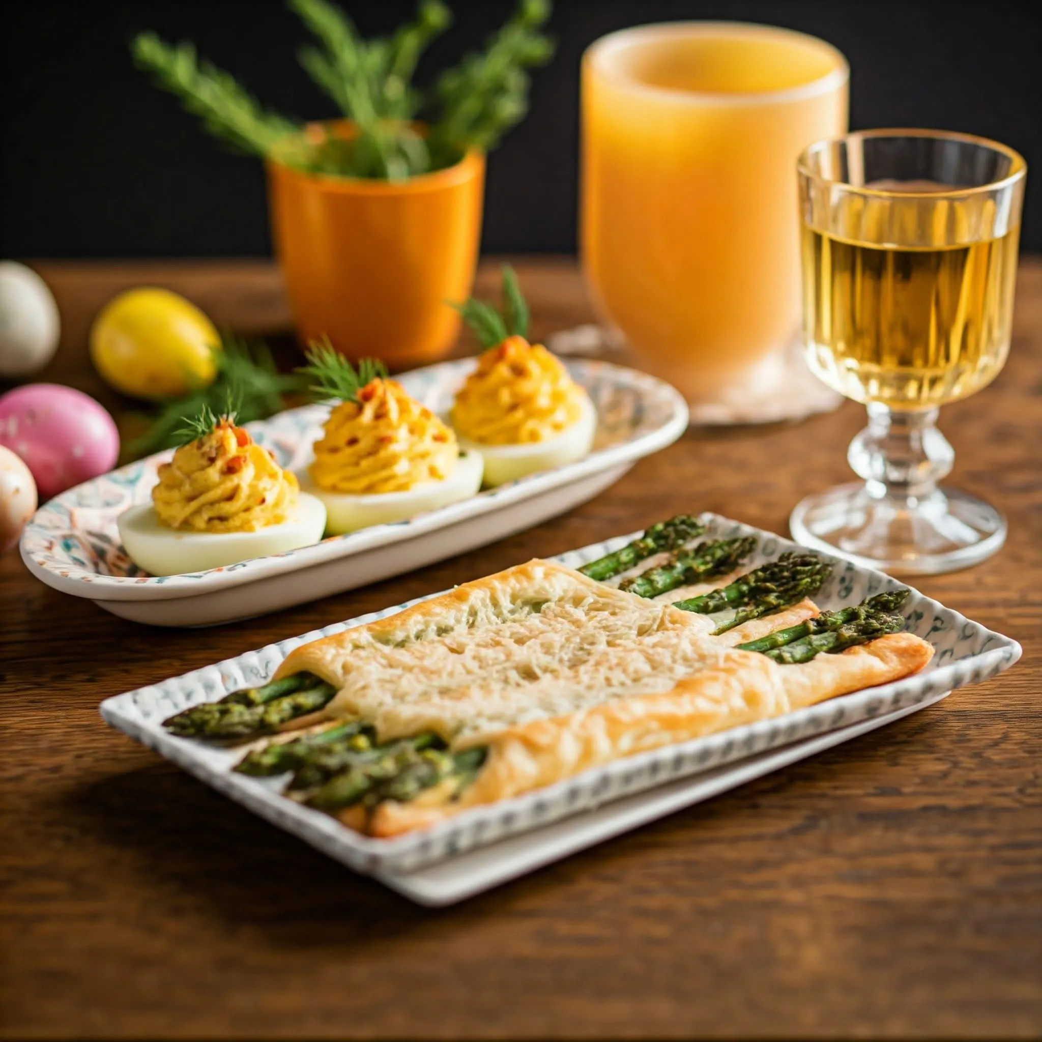 A festive Easter appetizer spread with deviled eggs, asparagus tartlets, spring salad with citrus dressing, mini quiches, hot cross buns, and a cheese platter.