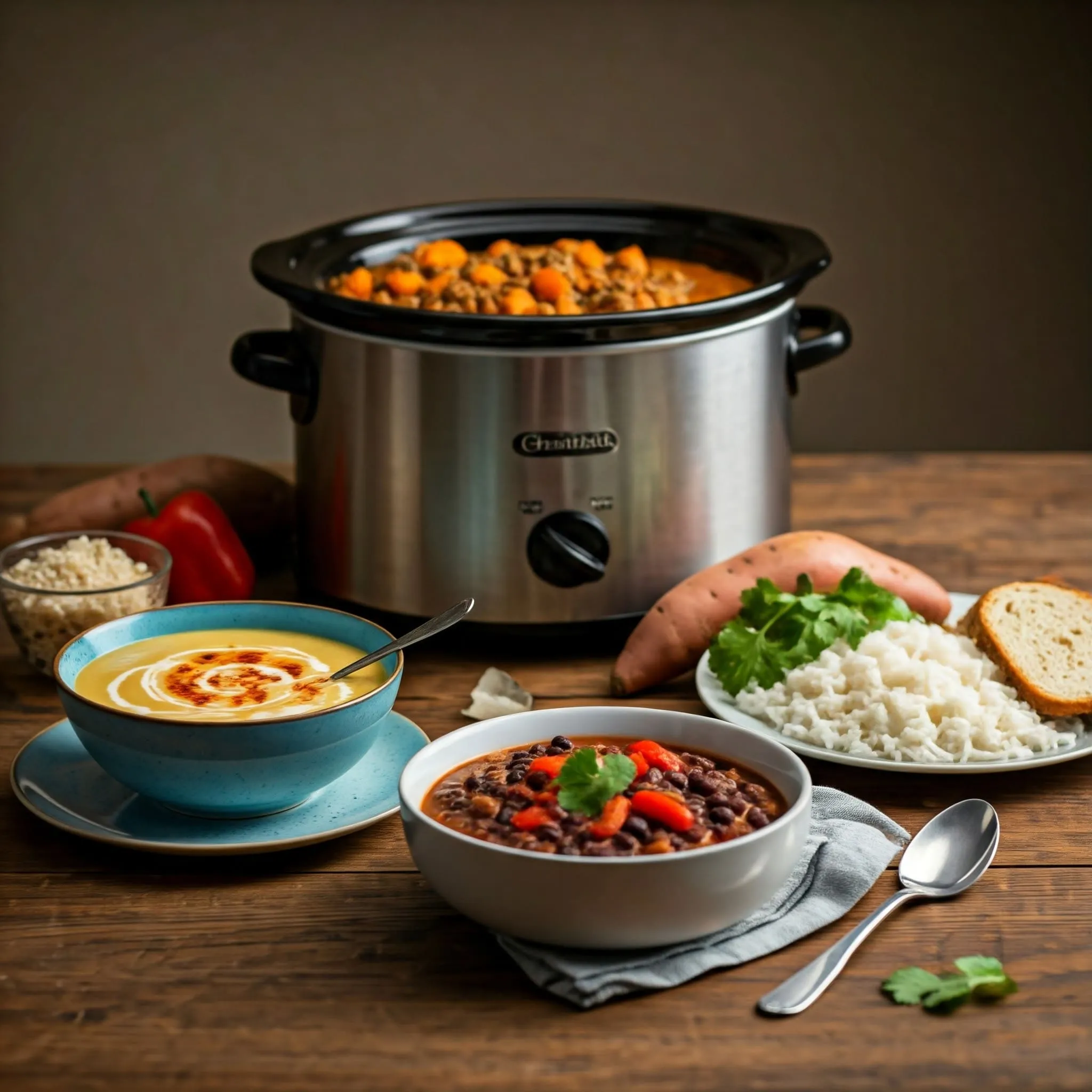 Crock pot filled with lentil and sweet potato stew, creamy quinoa soup with coconut milk, and black bean chili with fresh cilantro