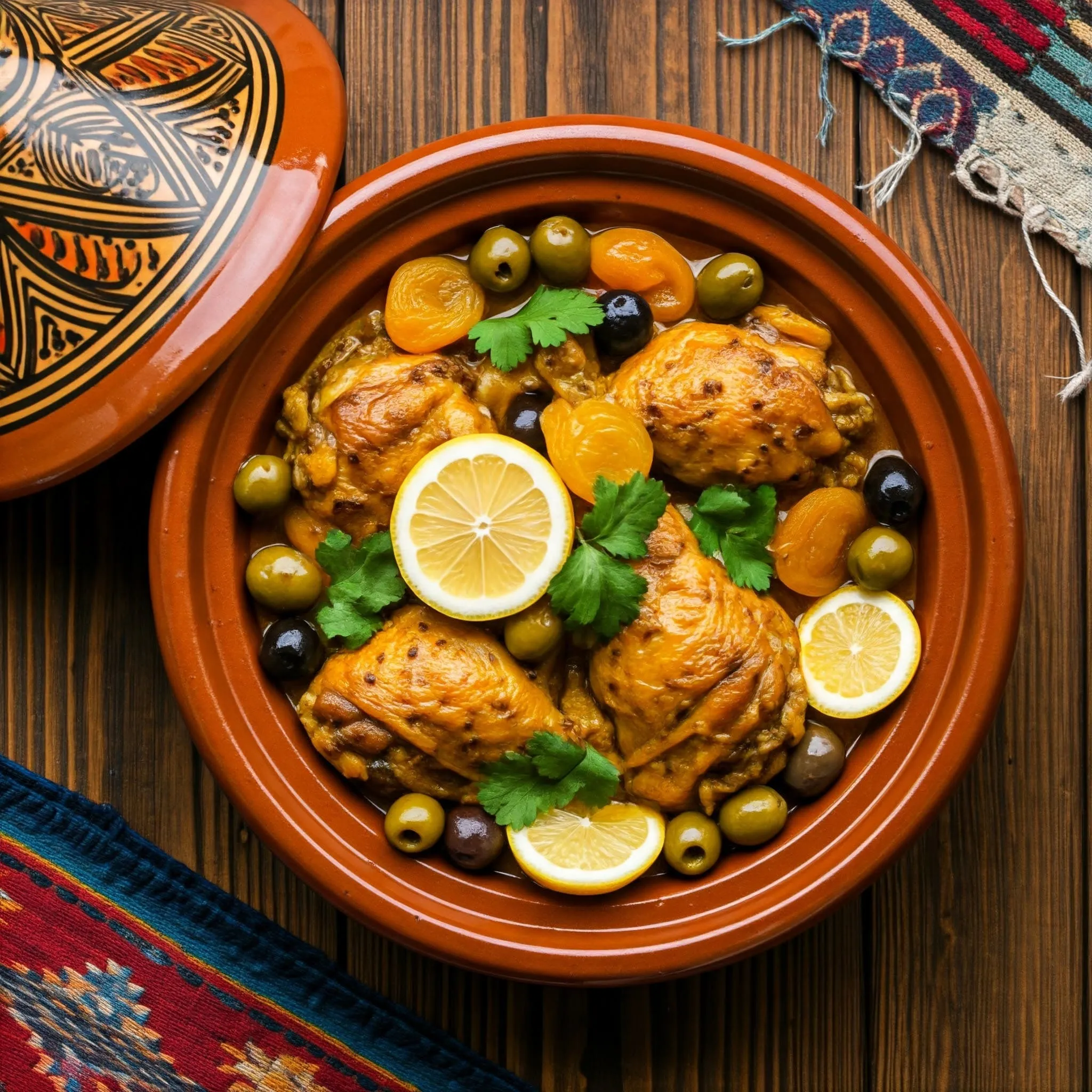 Moroccan chicken tagine with preserved lemons, olives, apricots, and fresh herbs, served in a traditional clay pot.