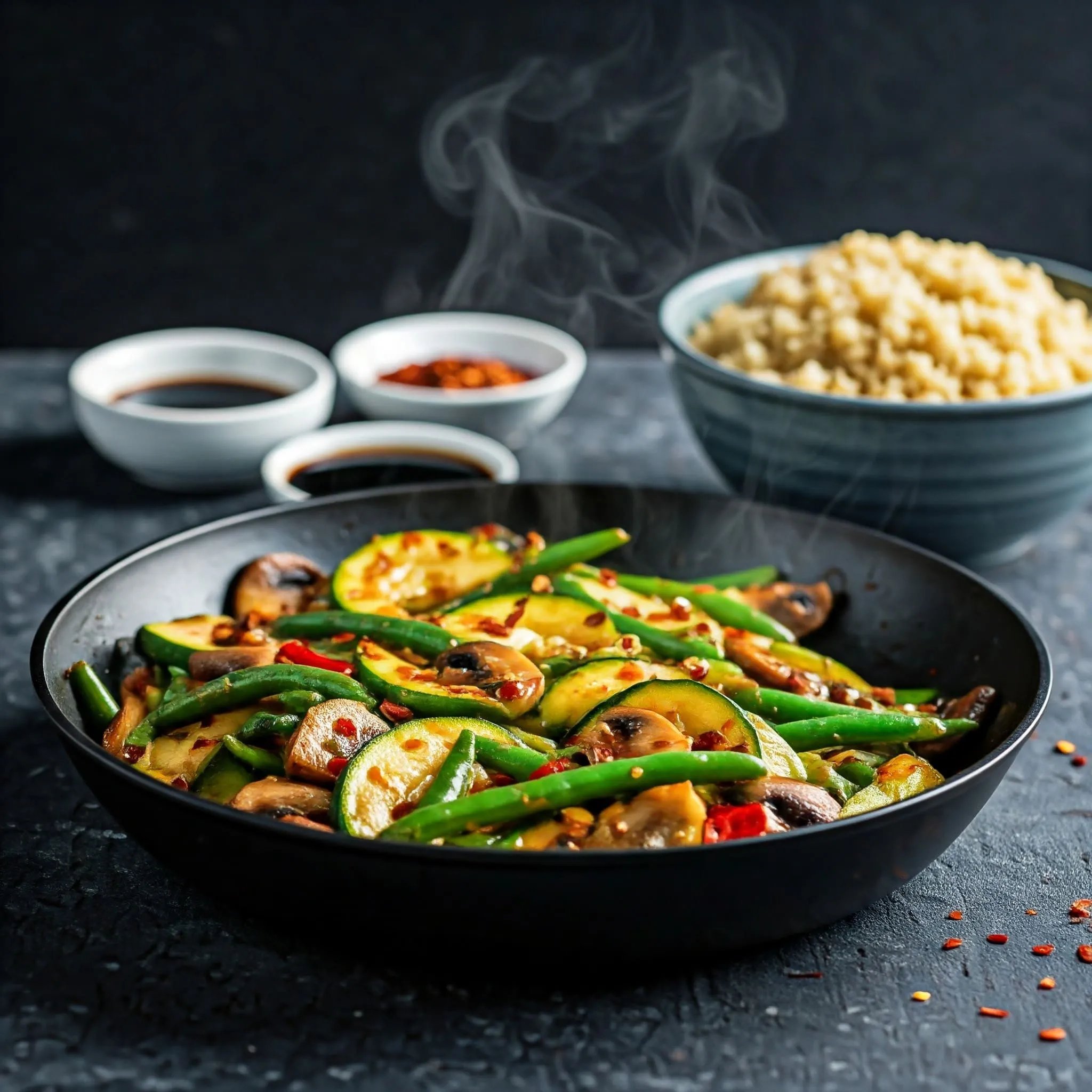 A spicy stir fry of zucchini, mushrooms, and green beans in a chili garlic sauce, served in a skillet with quinoa or brown rice on the side.