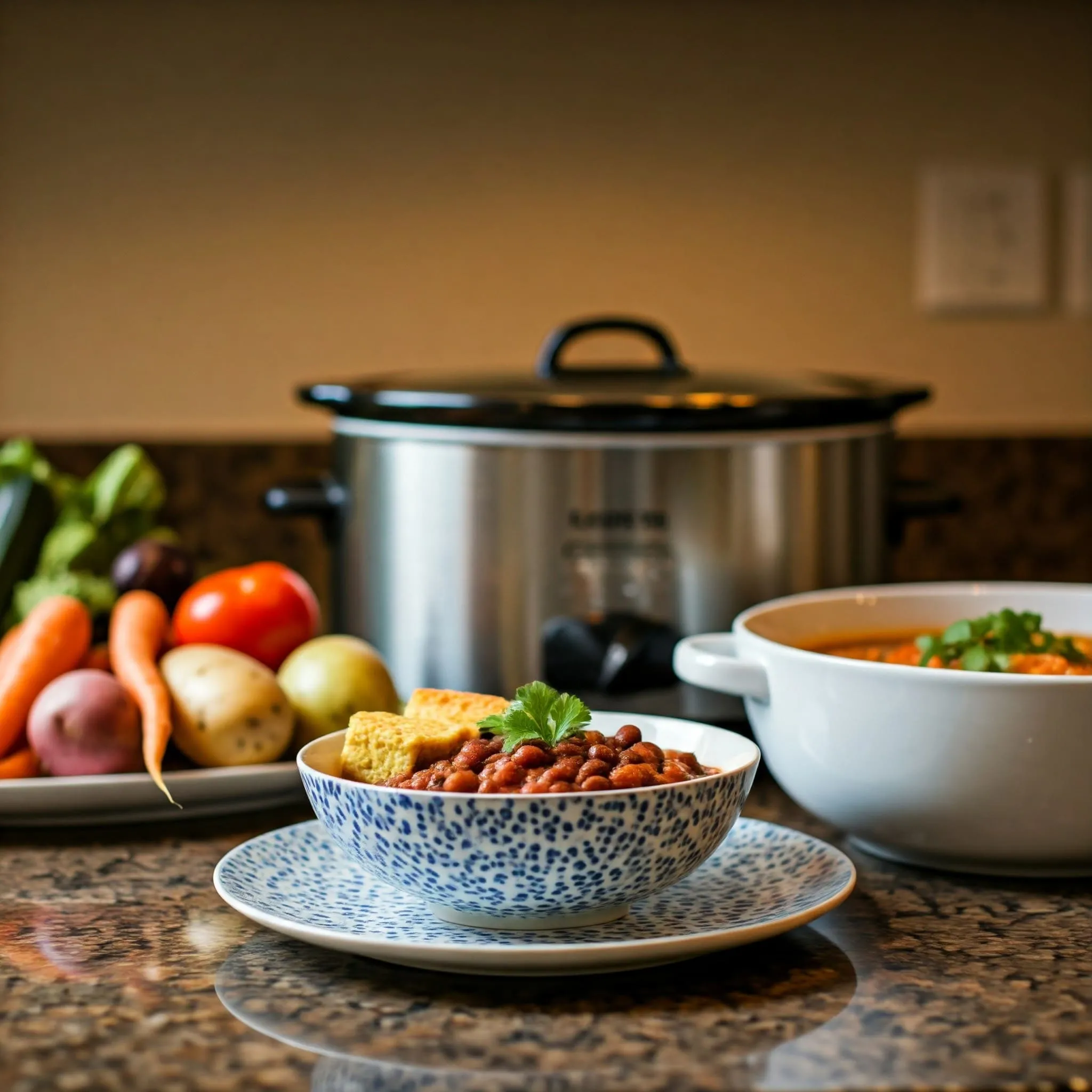 A cozy kitchen with a slow cooker filled with vegetable stew, bowls of vegan chili, veggie soup, and crockpot vegetable curry, all surrounded by fresh ingredients.