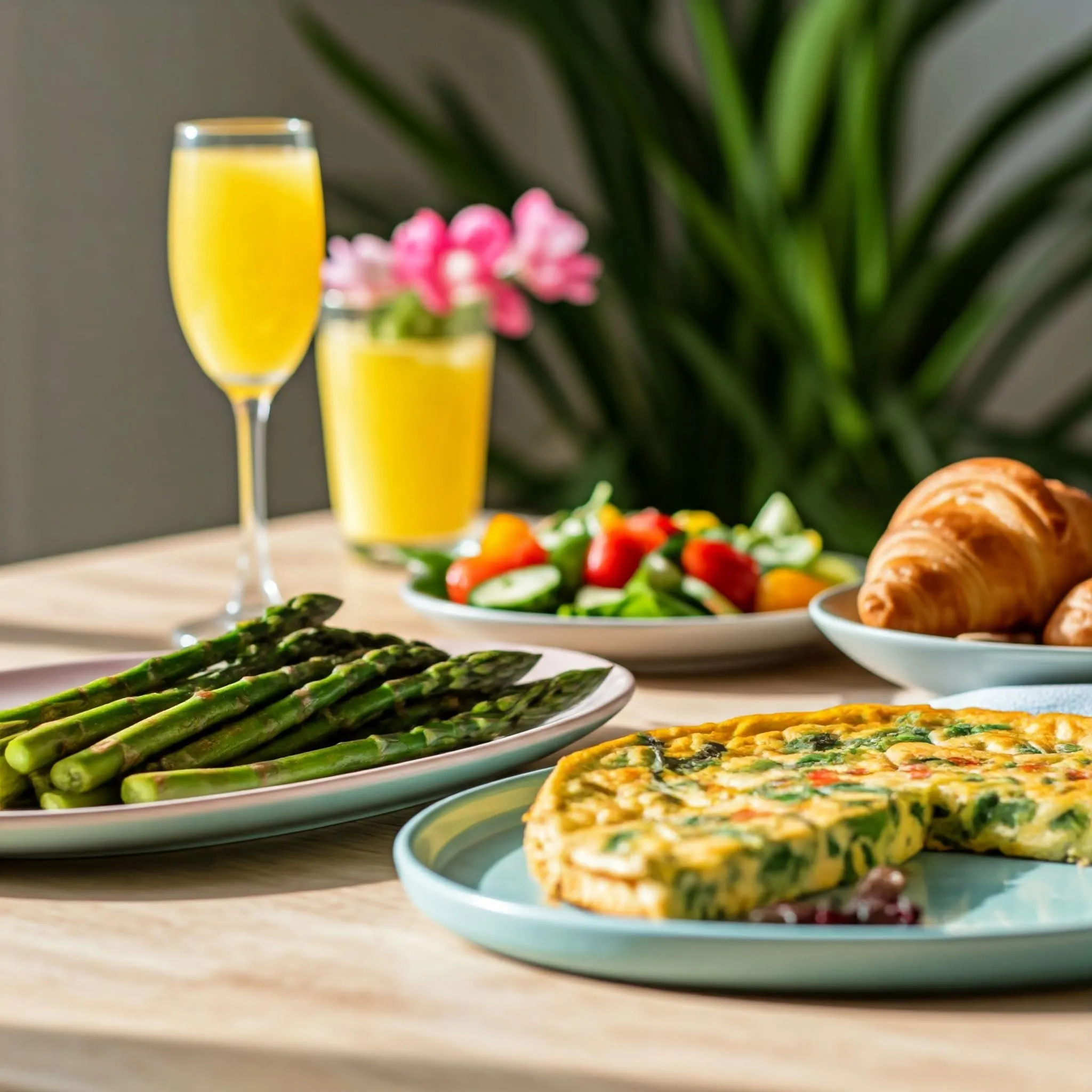 Spring-inspired Easter brunch with roasted asparagus, vegetable salad, frittata, mimosas, and buttery croissants on a pastel-decorated table.