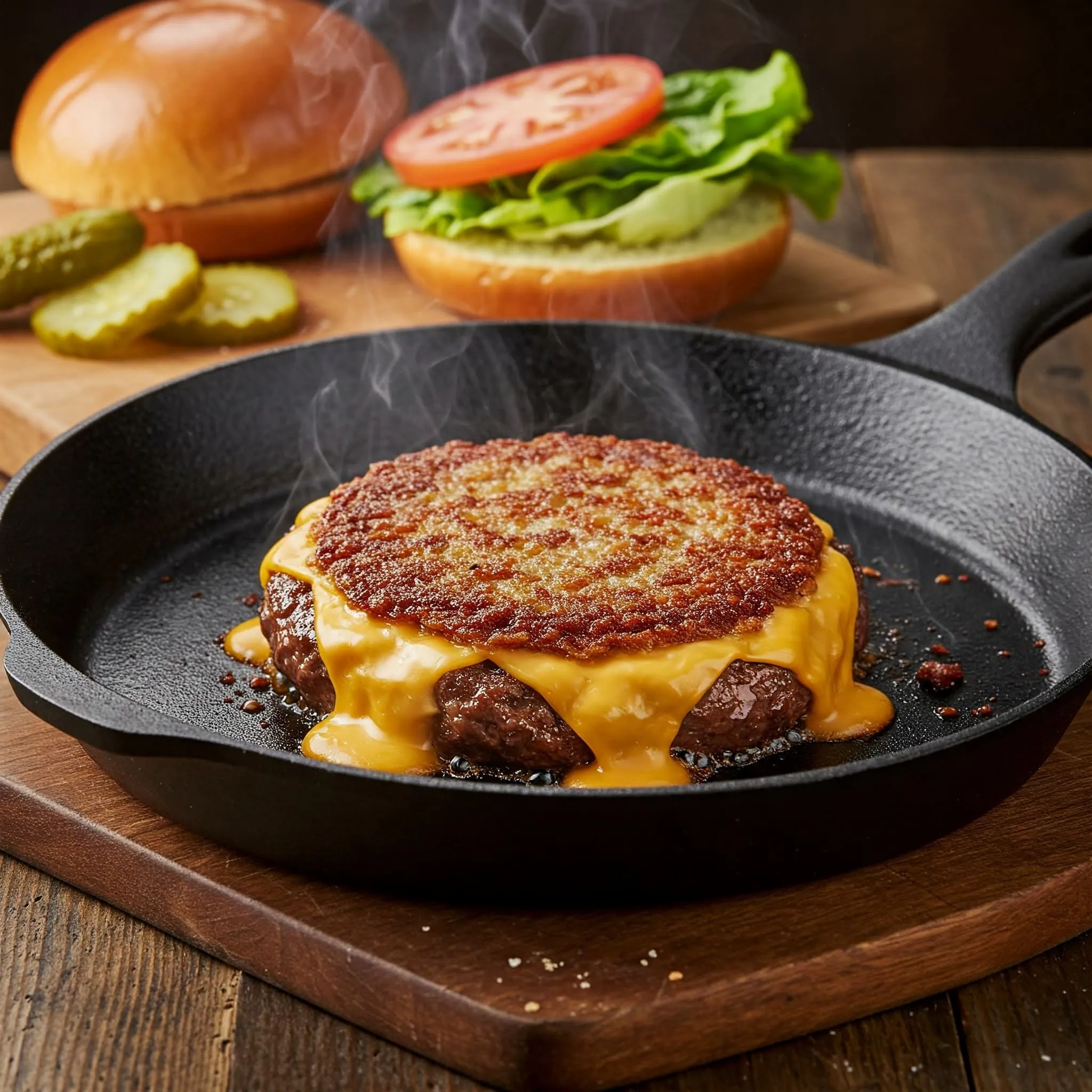 Close-up of a sizzling smashburger with crispy golden edges, melted cheese, and toasted brioche bun, cooking in a cast iron skillet.