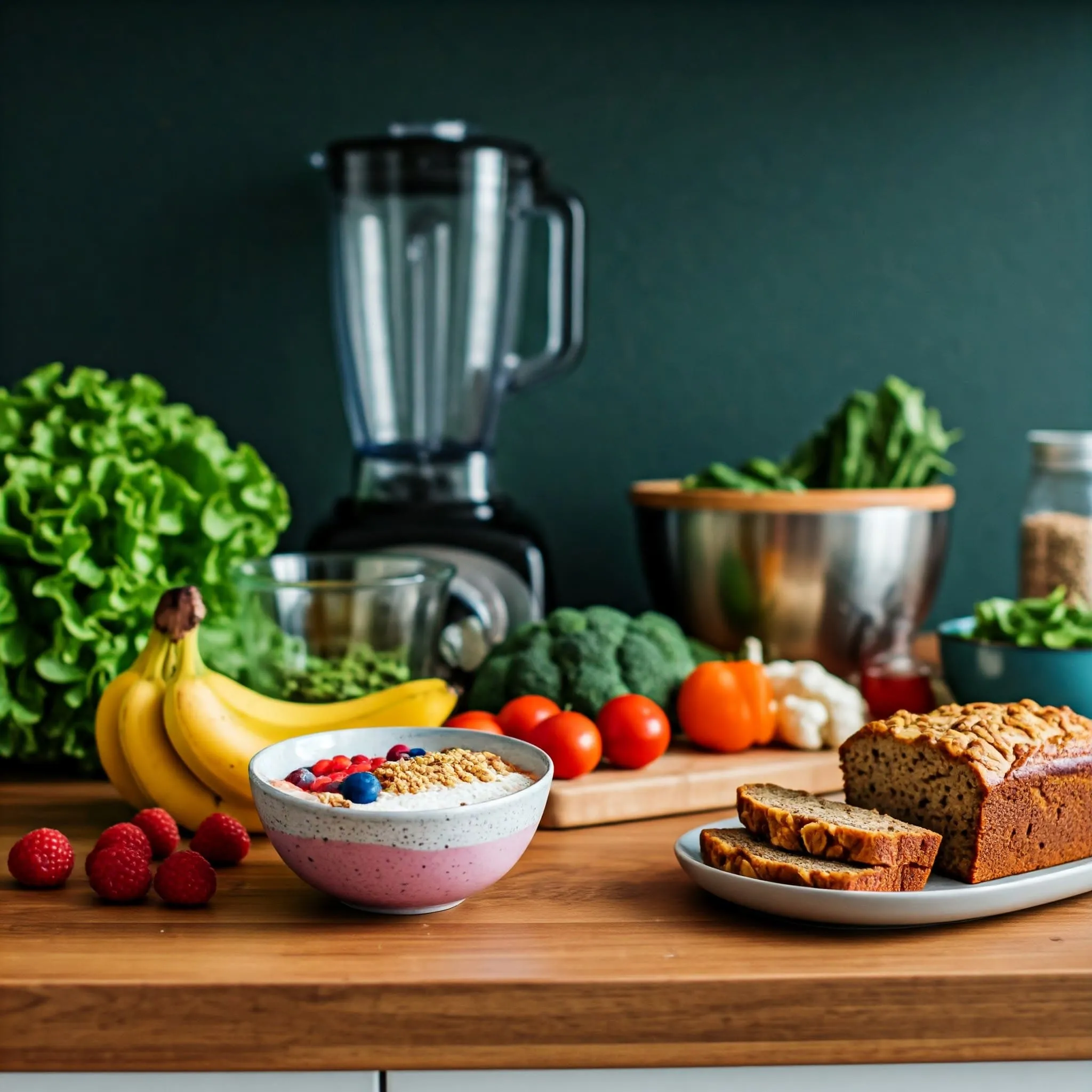 Healthy ingredients and smoothie bowl with banana bread, perfect for busy days.