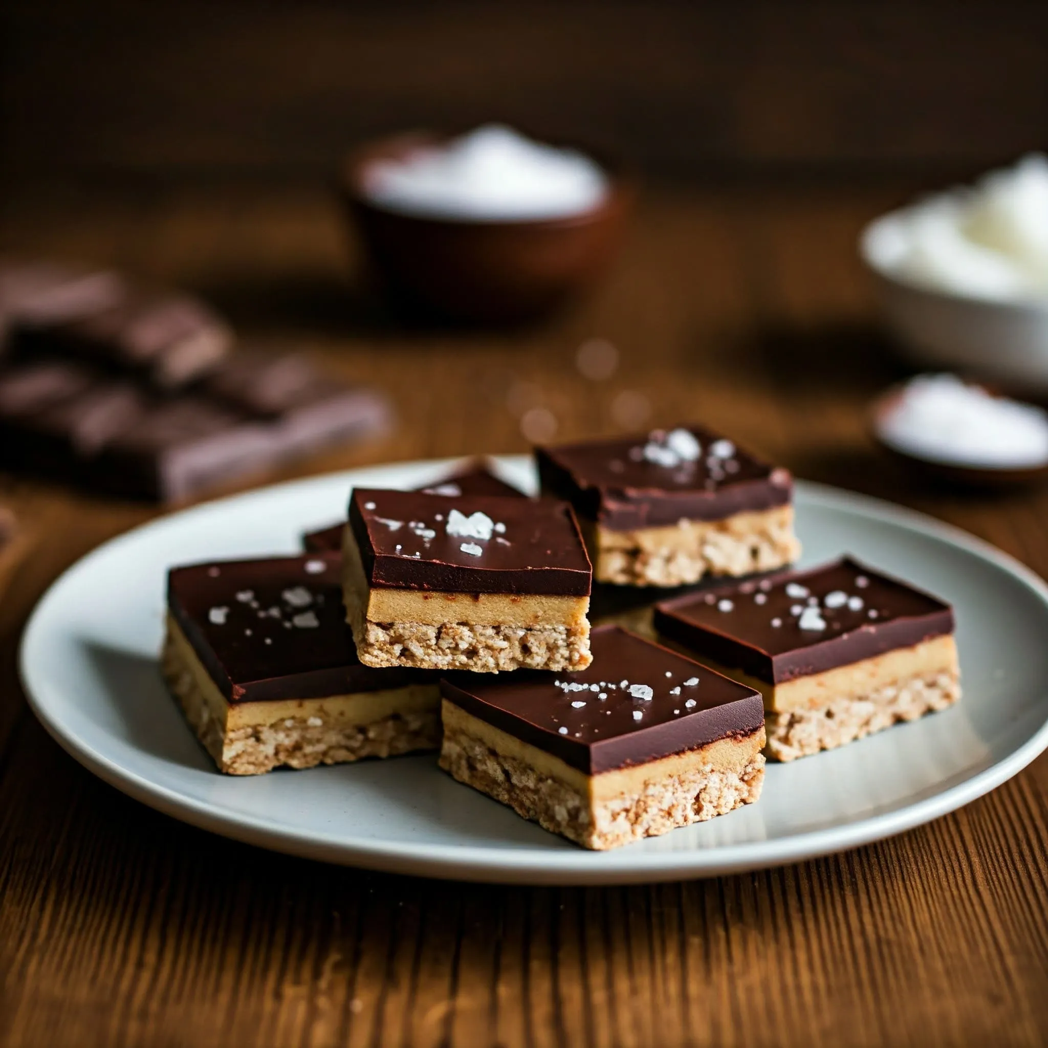 No-Bake Vegan Chocolate Bars: Guilt-Free Indulgence Simple Vegan Desserts Recipes: Plate of No-Bake Vegan Chocolate Bars made with vegan chocolate, coconut oil, and maple syrup on a rustic wooden table.